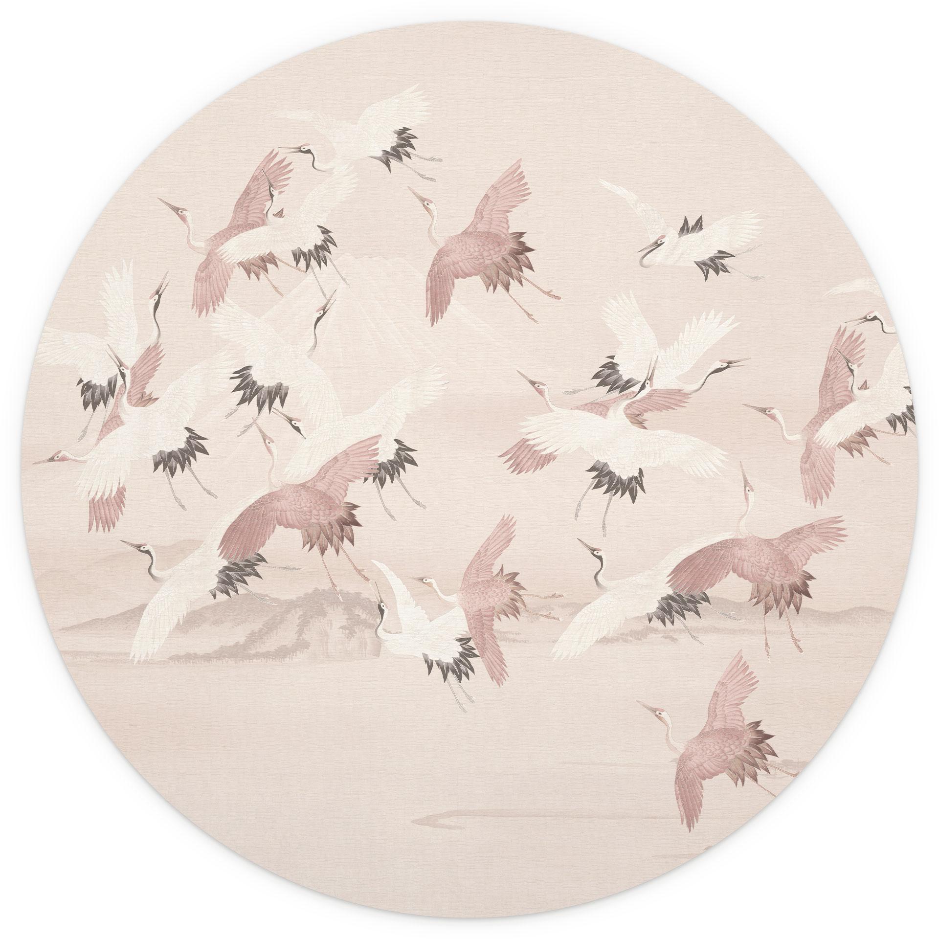 Vogelbehang Kraanvogels over het meer - Bloemdecor - Rond - zelfklevend/niet-geweven