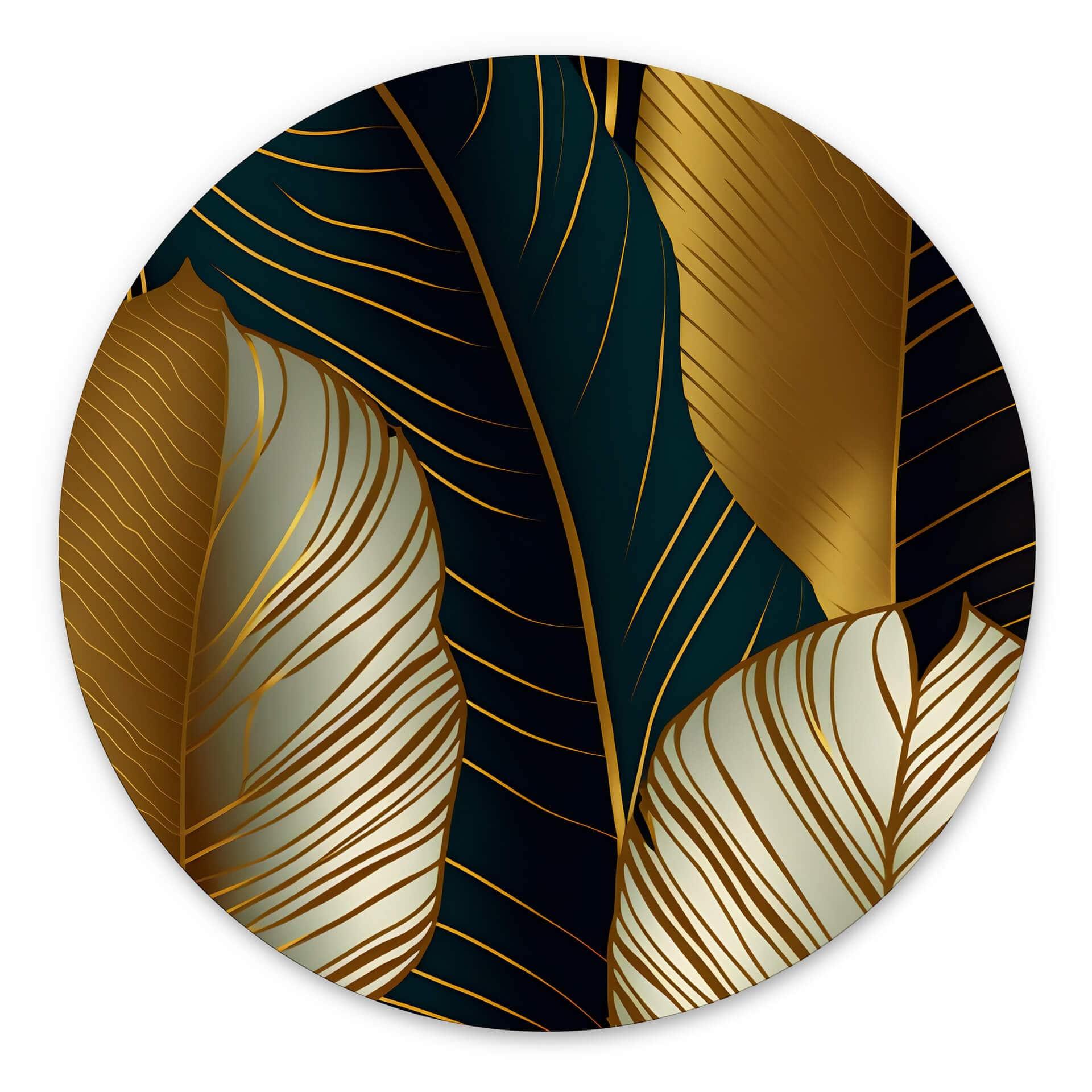 Tableau sur alu-Dibond rond Feuilles de palmier avec résumé effet or