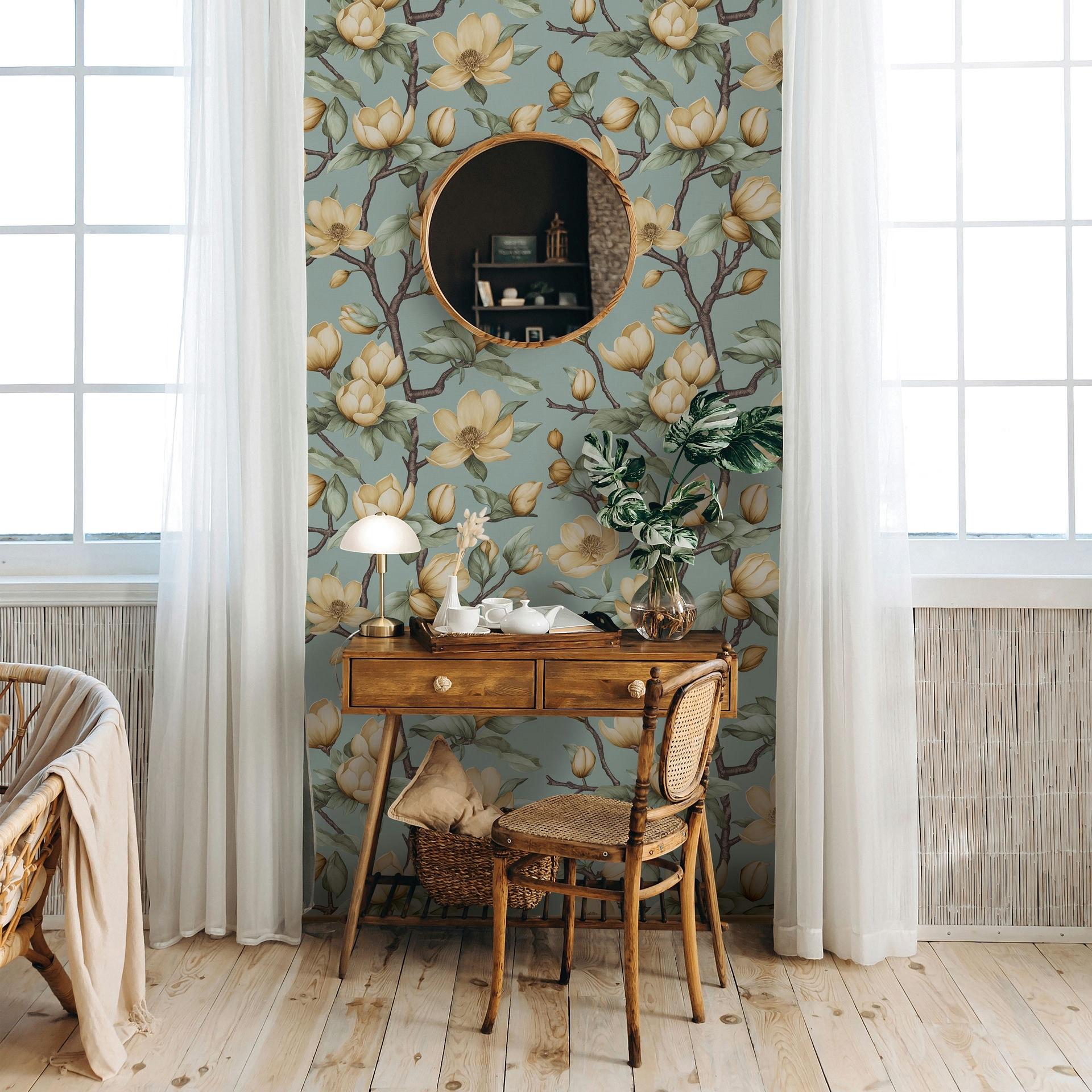 Vliesbehang takken, bloemen bloemen natuur mat in groen geel