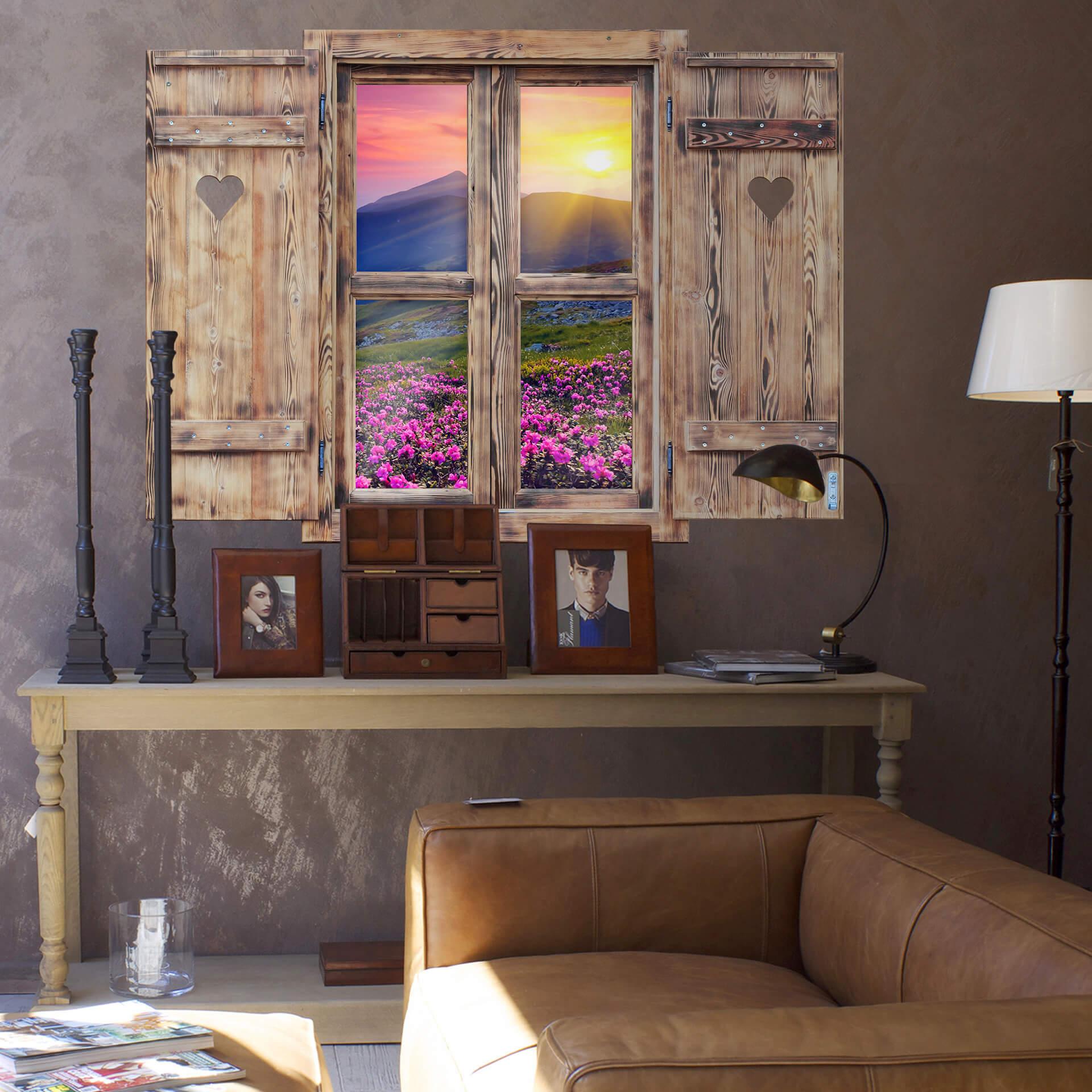 3D Wallsticker trævindue med hjerte - solnedgang i bjergene
