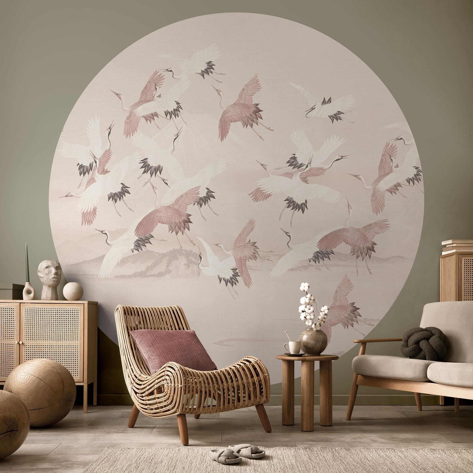 Fugletapet Traner over søen - Bloomery Decor - Rund - selvklæbende/ikke-vævet