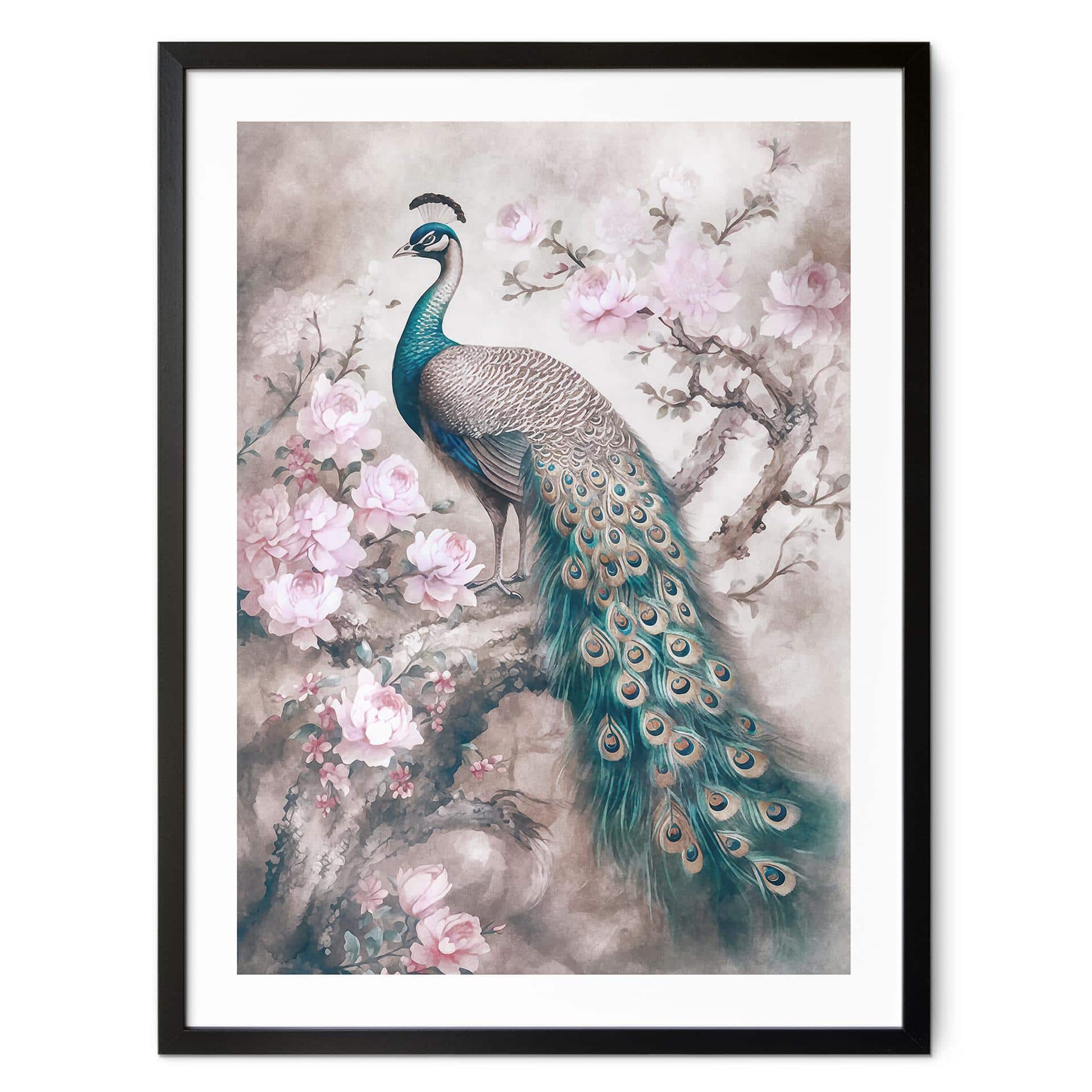 Plakat Påfugl med blomster - Haase