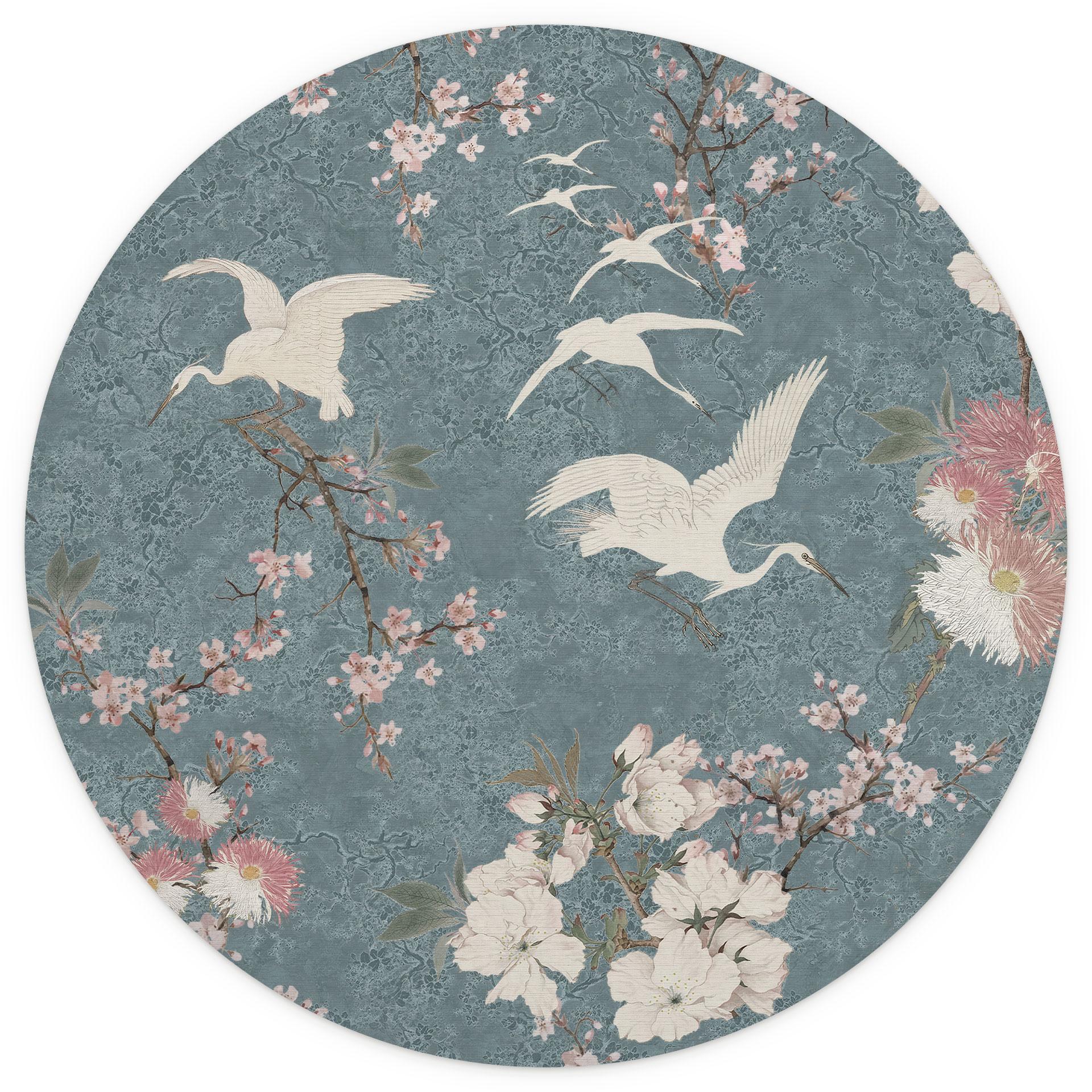 Blauwe kraanvogels in kersenbloesem Rush Behang - Bloemen Decor - Rond - Zelfklevend/niet-geweven