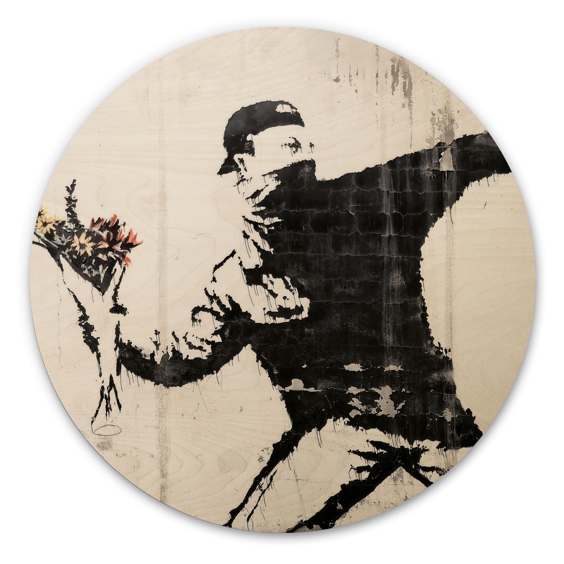 Tableau sur bois Banksy - Le lanceur de fleurs - Rond