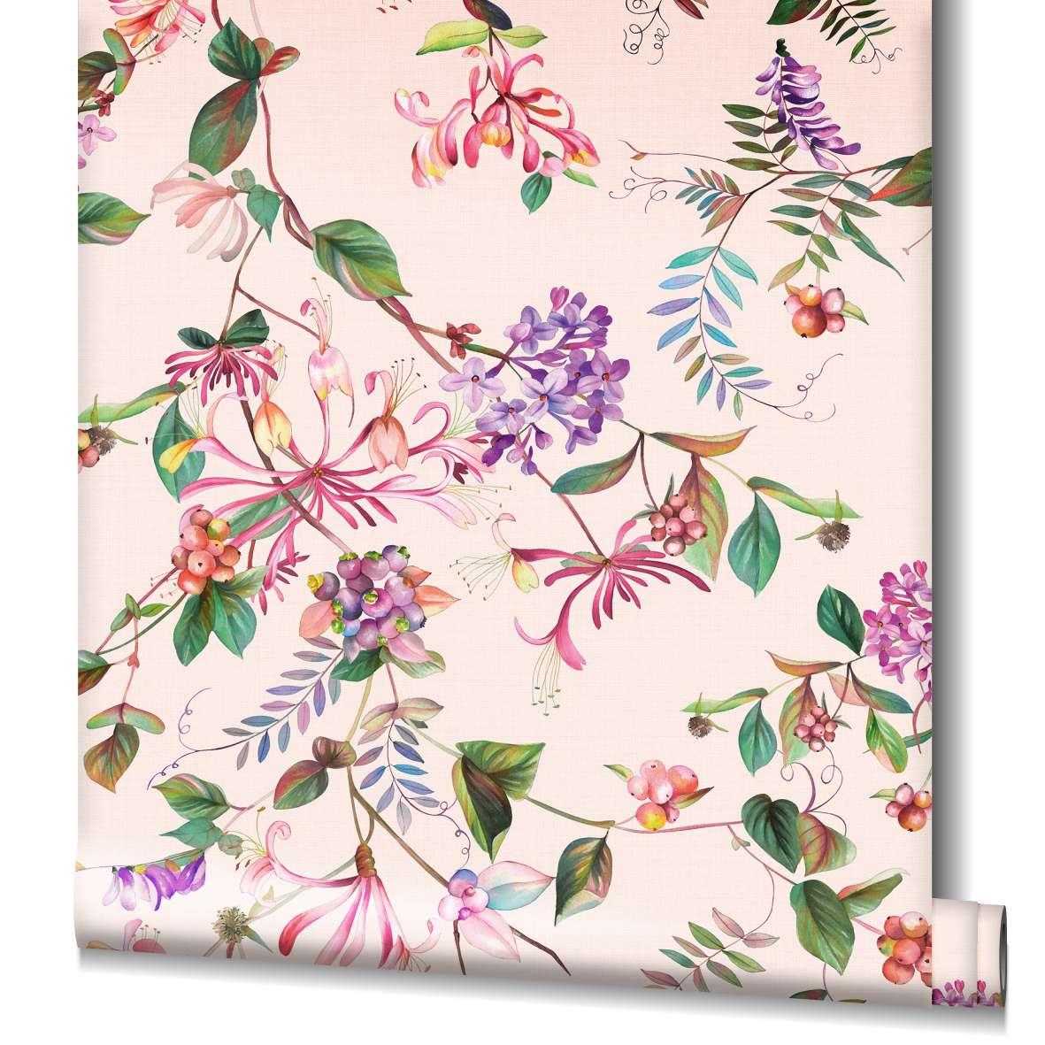 Behang, vlies bloemen behang Flora beige, roze