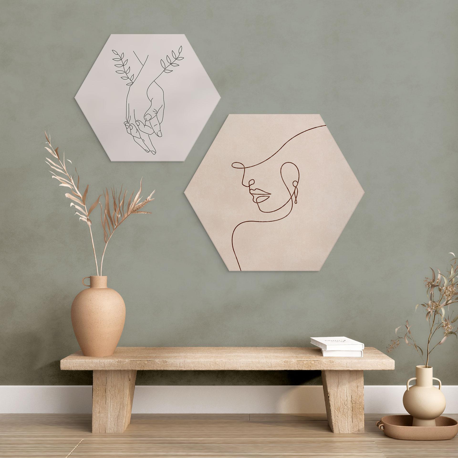 Sekskantet billede Delikate konturer af en kvinde - Line Art - Tunaboylu - Aluminium Dibond