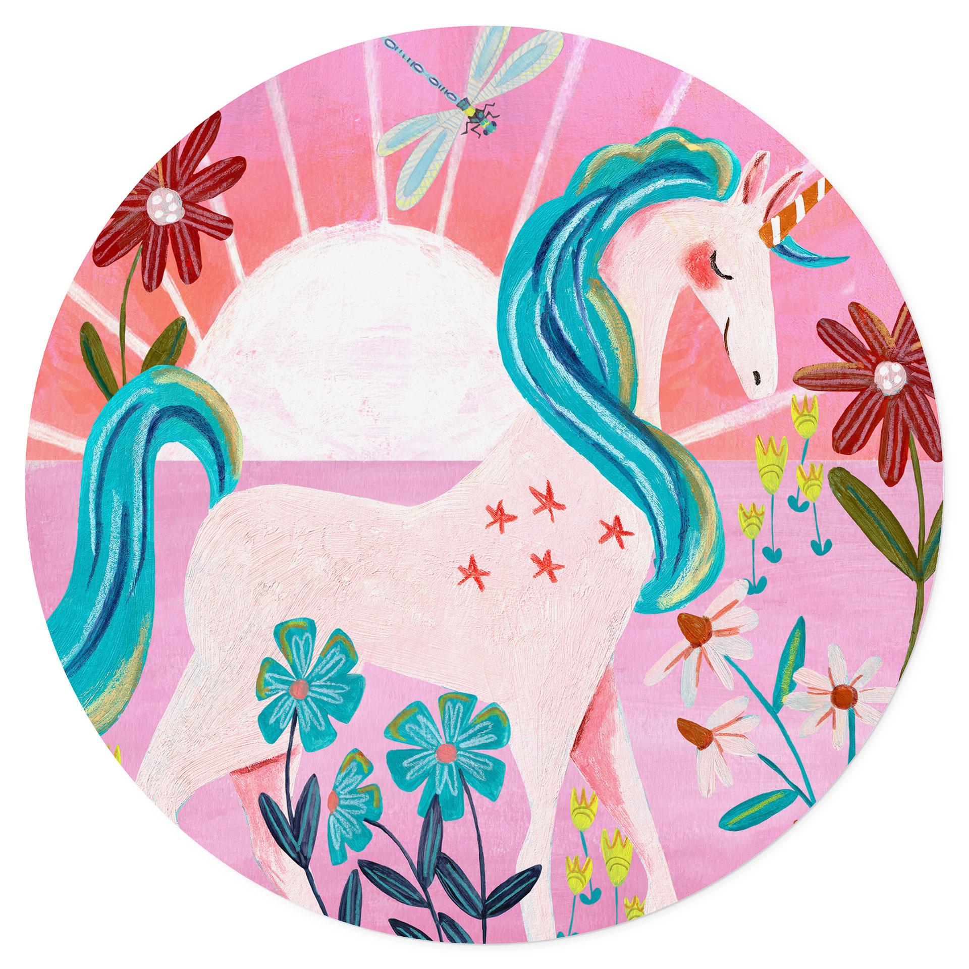 Wandtattoo Einhorn auf farbenfroher Blumenwiese - Bonne Müller - Rund
