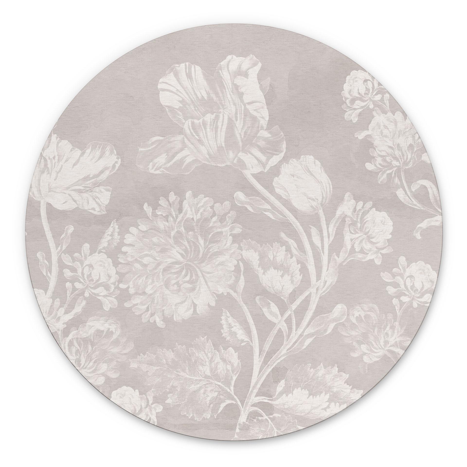 Billede af vilde blomster i kridtlook beige - Bloomery Decor - rund – print på aluminium