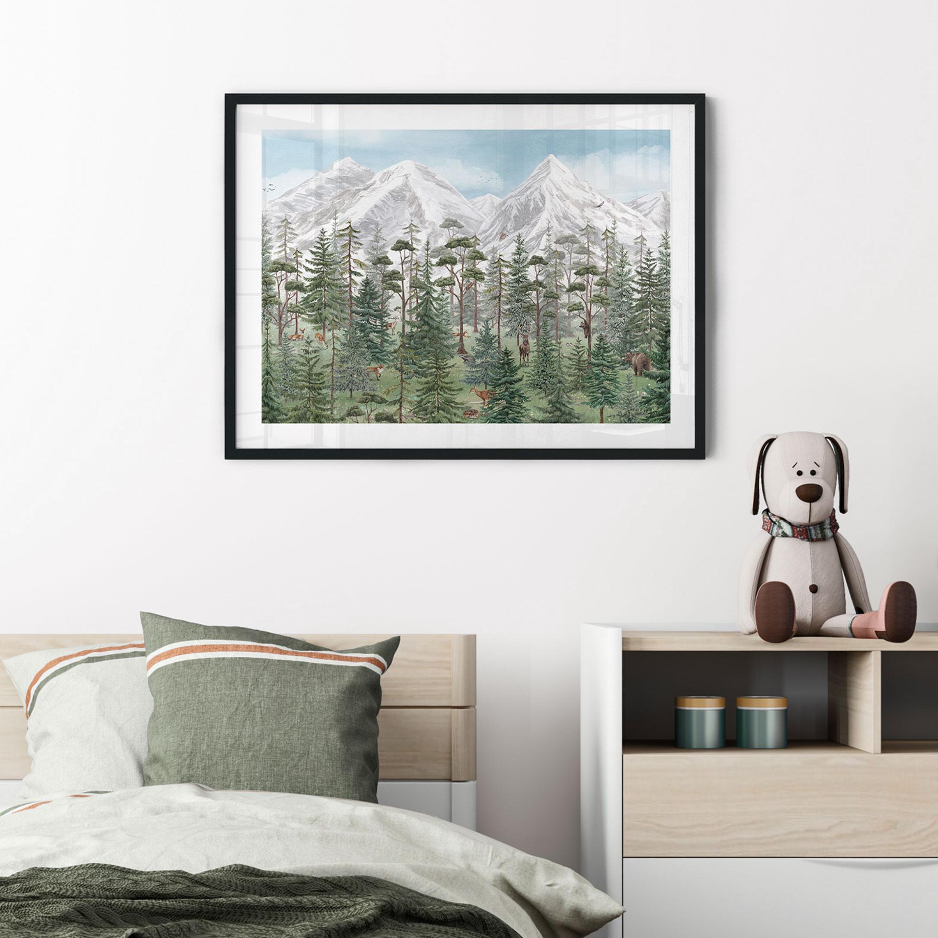Plakat skovens dyr i den grønne alpine skov | naturmotiv til børneværelset - Kikki Belle