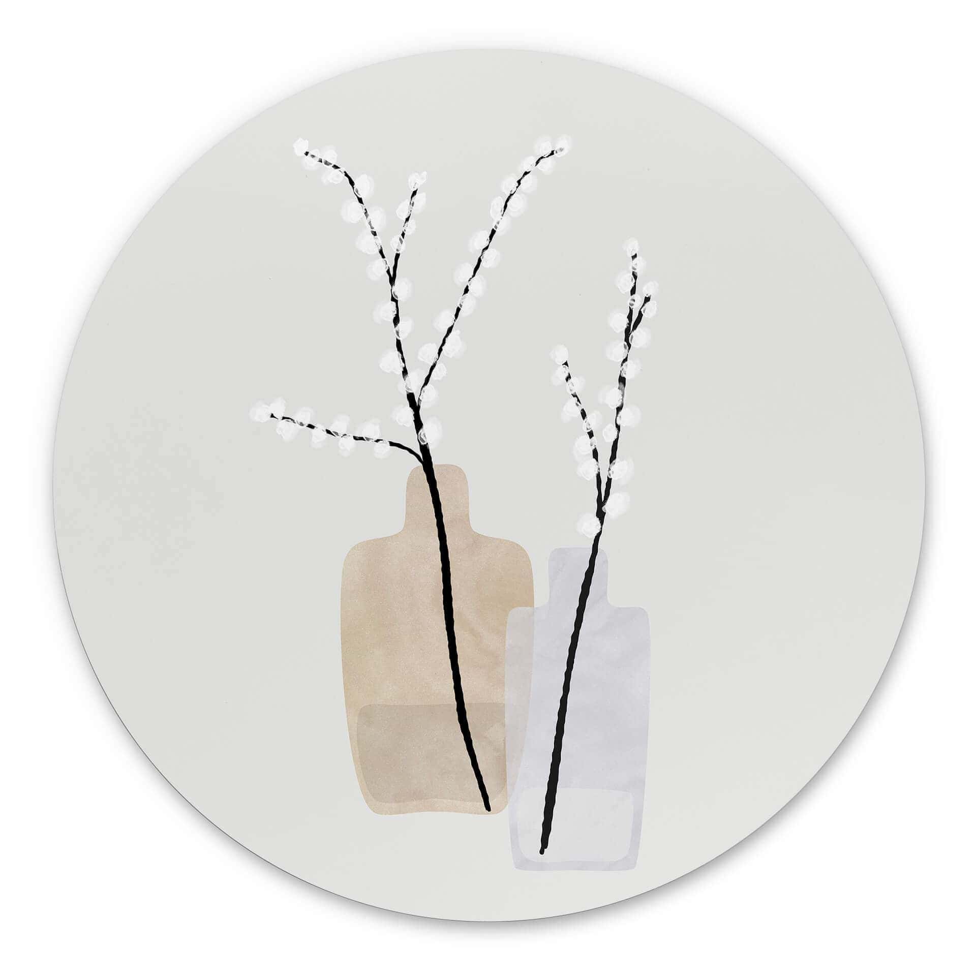 Tableau sur alu-Dibond rond Blursbyai - Deux vases avec des branches de saule dans des tons pastels