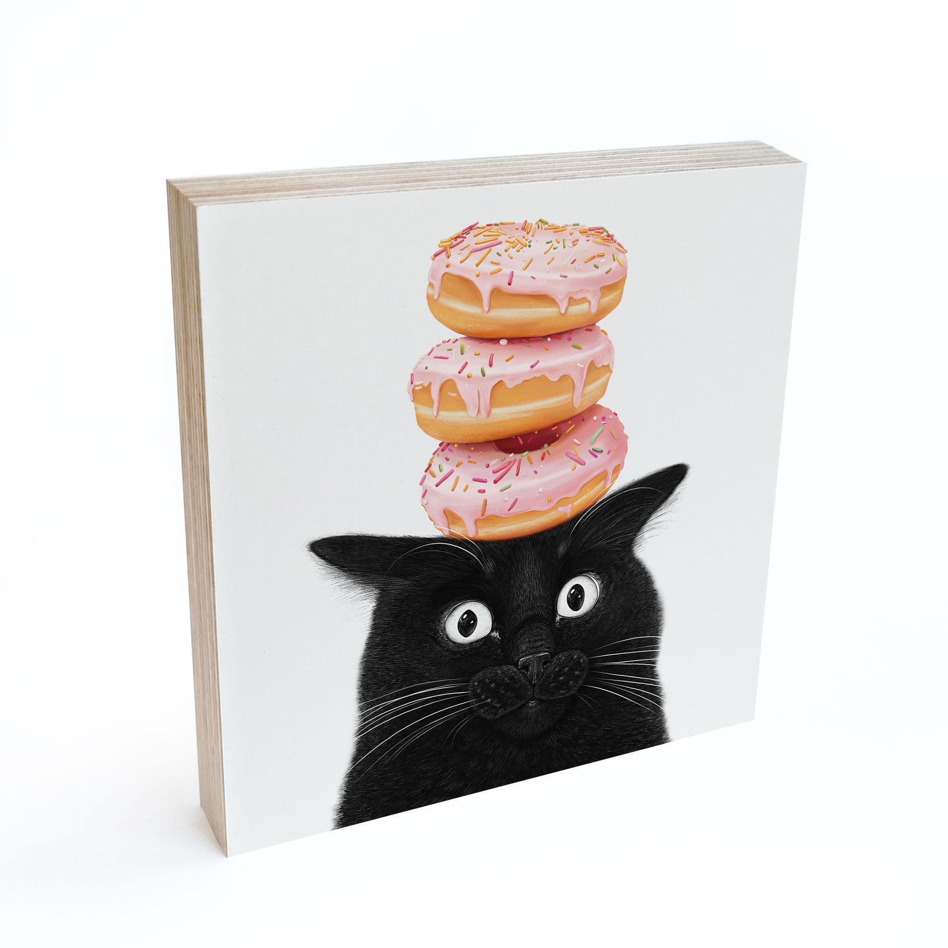 Holzbild zum Hinstellen - Schwarze Katze mit pinken Donuts - Korenkova - 15x15 cm
