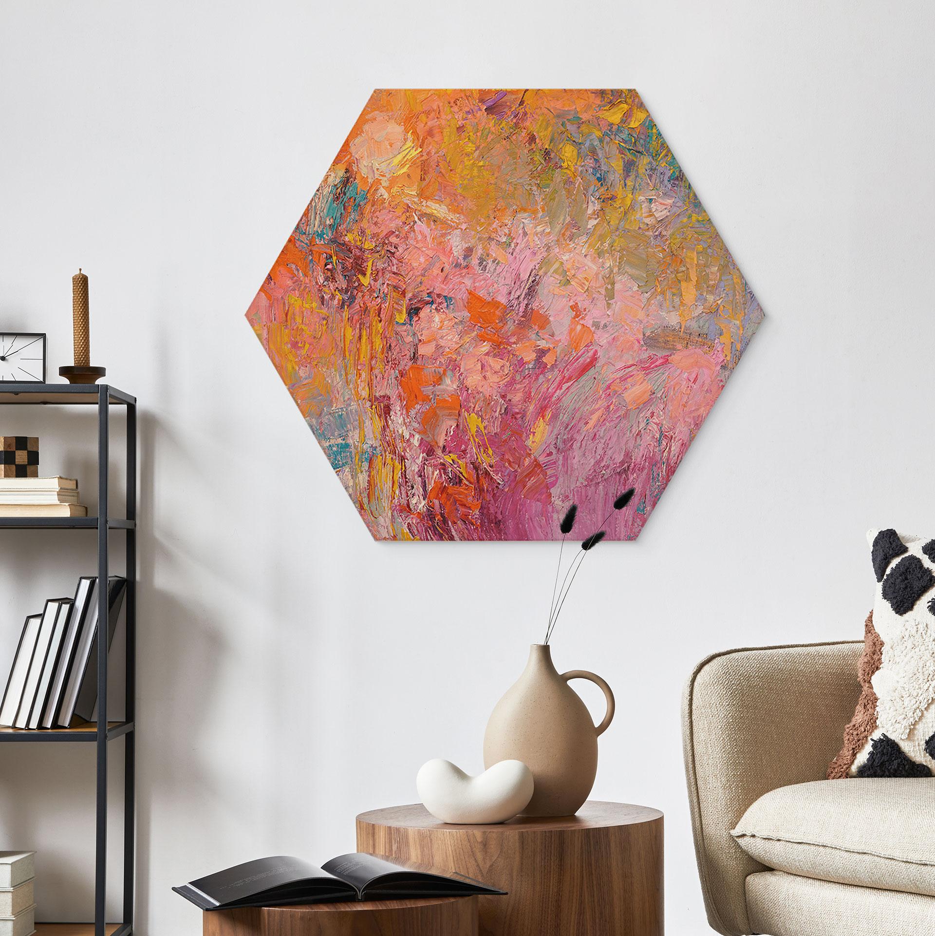 Hexagon Holzbild Abstrakter bunter Rosengarten - Fagan