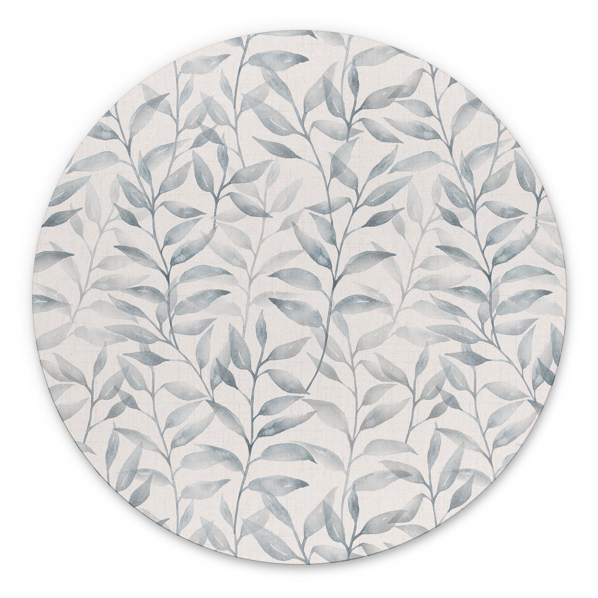 Billede Sarte akvarelblade - Blød grå - Blomsterdekor - Rund – print på aluminium