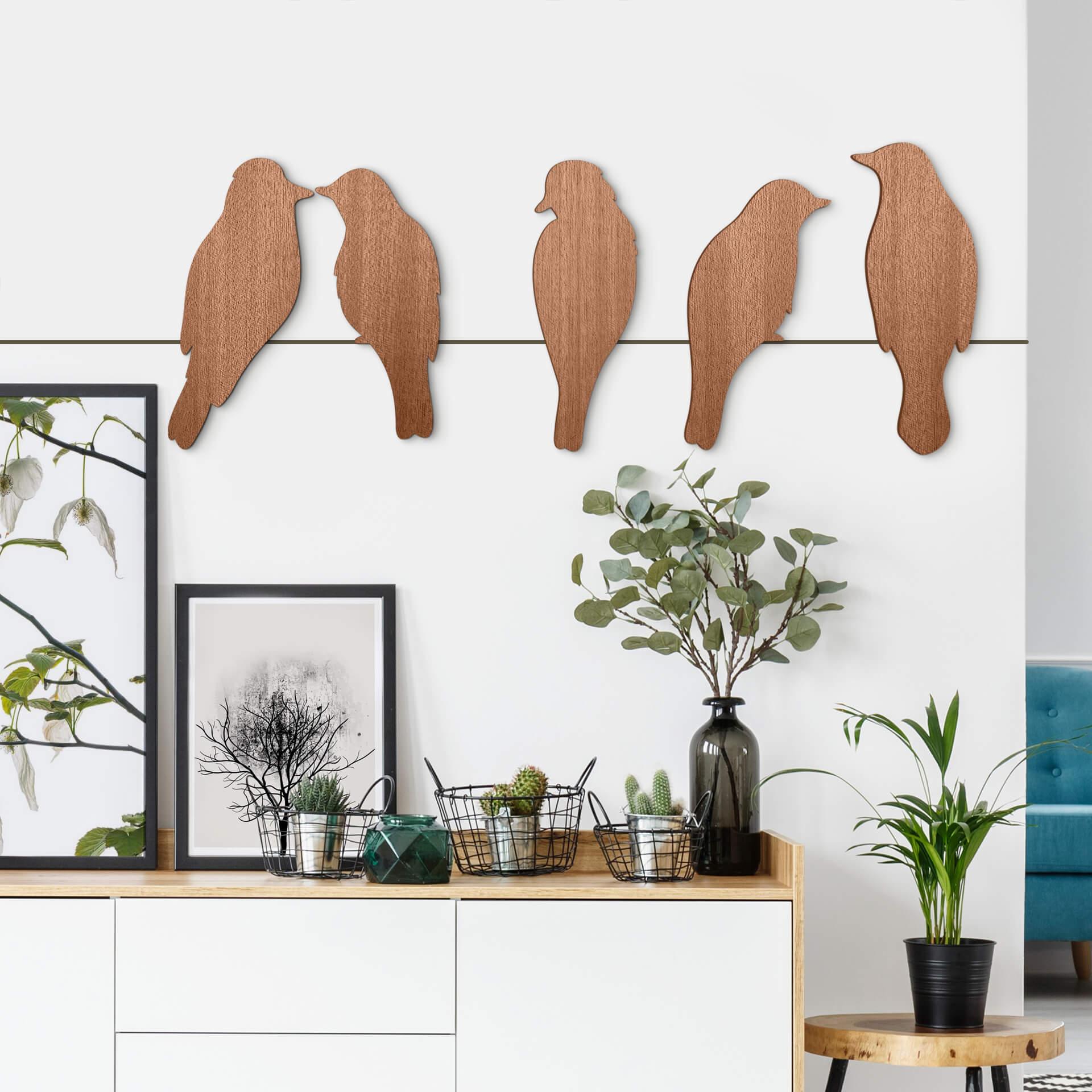 Decoración en madera caoba - familia de pájaros (5 piezas)