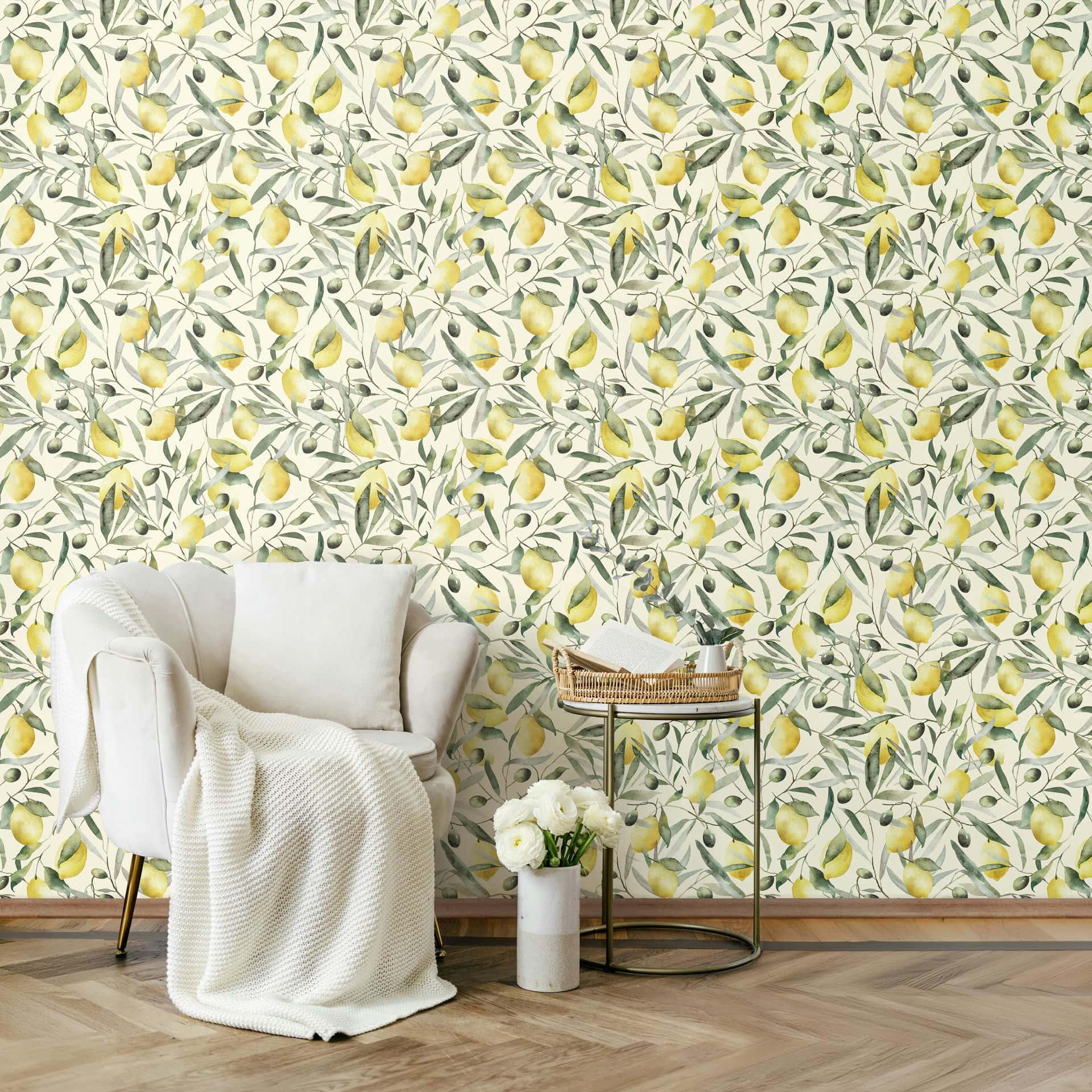 Vliesbehang citroenen, bladeren bloemen natuur mat in beige