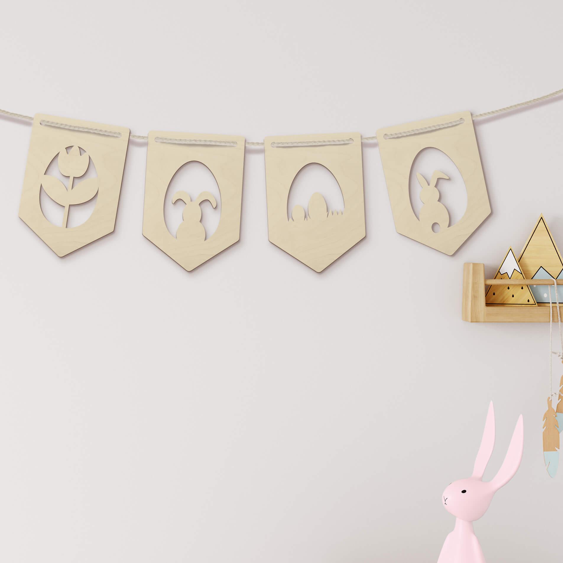 Decoración en madera álamo - cadena de banderines de Pascua (set de 4) incl. cuerda de algodón