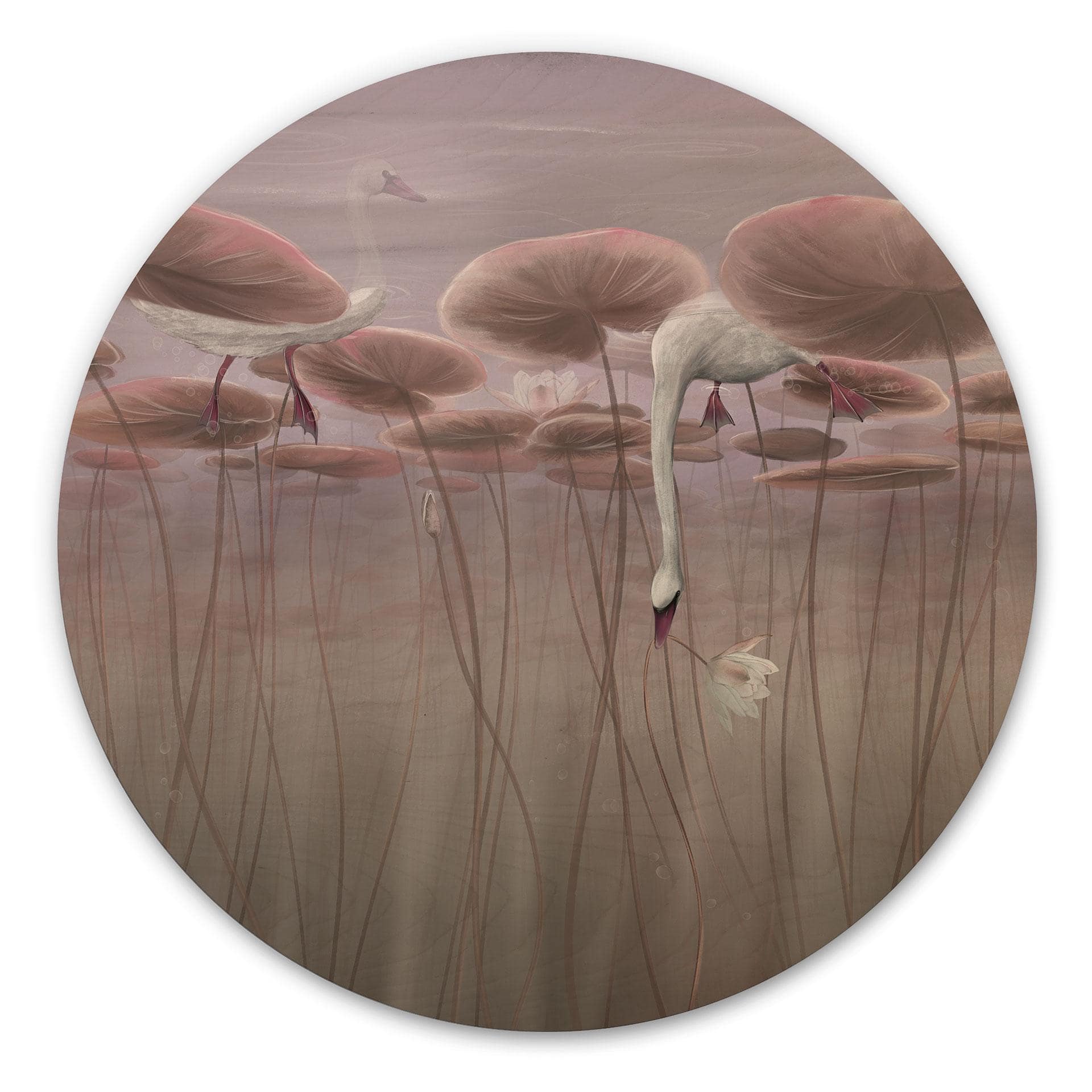 Houten Wanddecoratie lotusbloemen met zwaan in het water in donkerroze - Ms Tiff - Rond