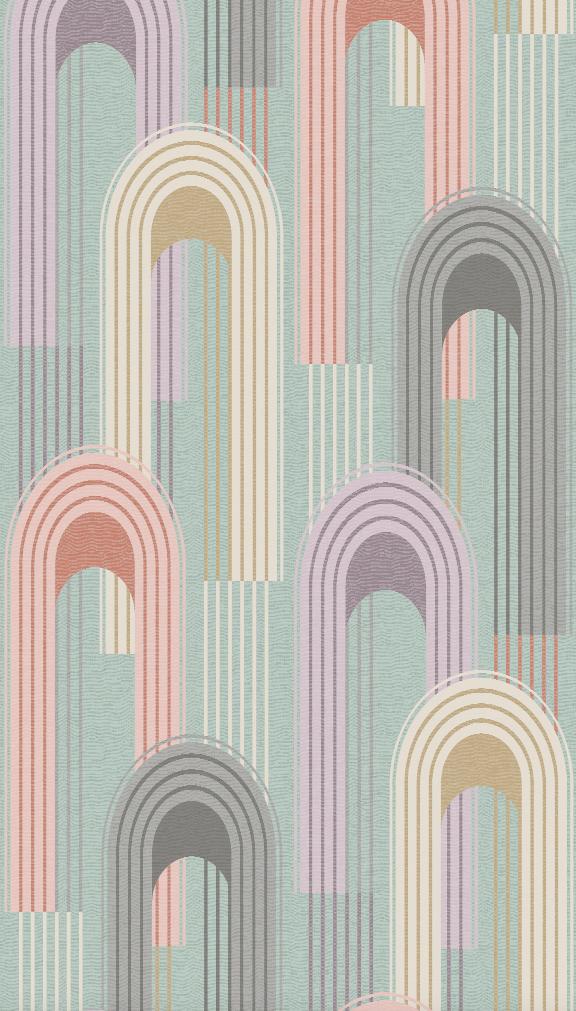 Non-woven tapet med rundbue-motiver i grøn, beige grafik