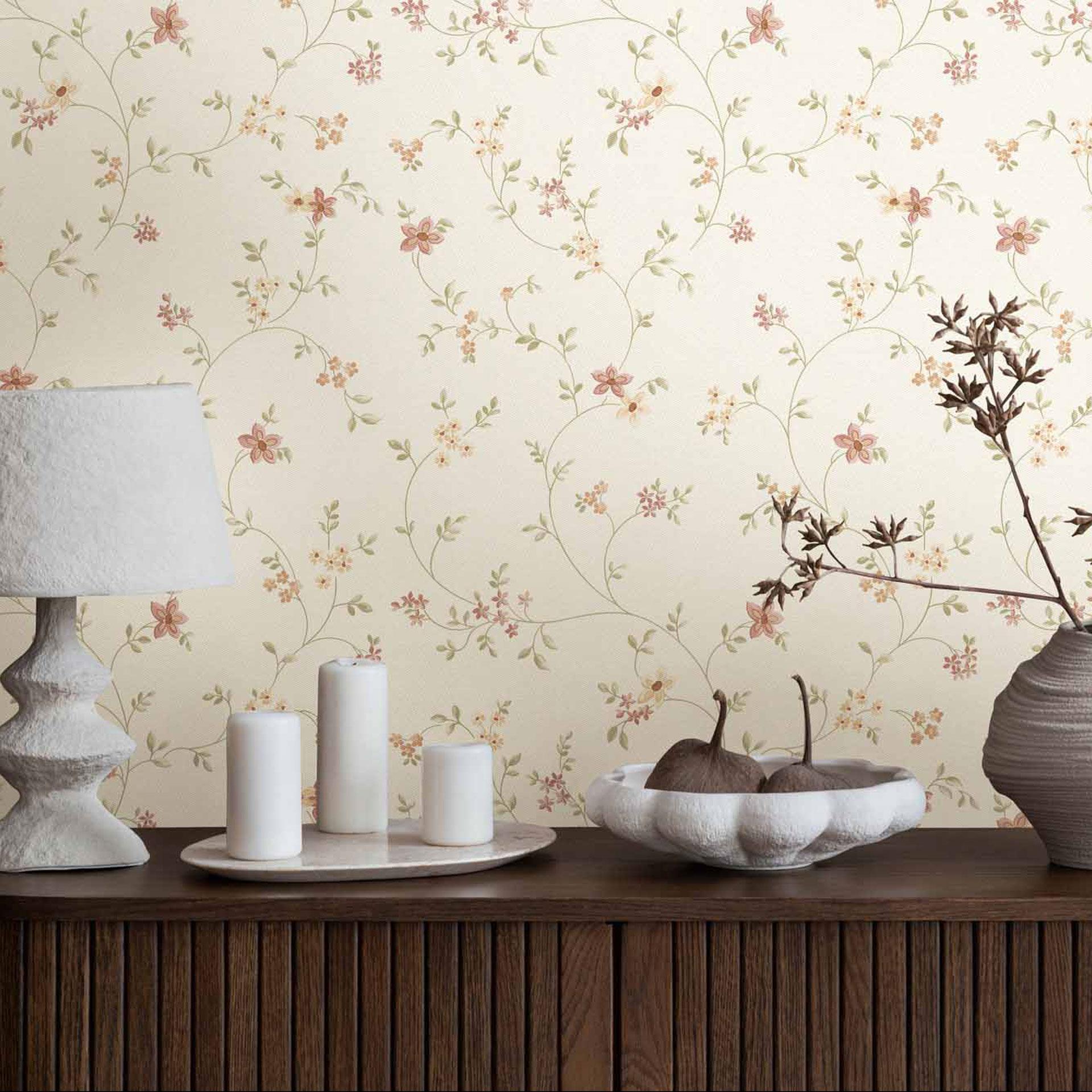 bloemen behang crème groen - vliesbehang landelijke stijl A.S. Création - mat en licht gestructureer