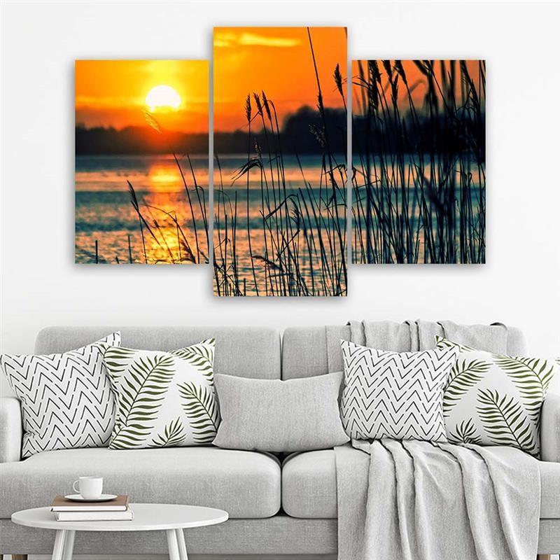 3-delige canvas print, zonsondergang meer gras natuur