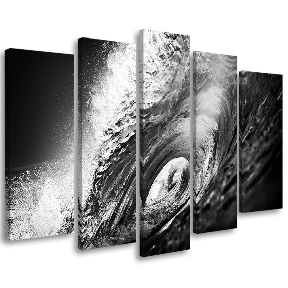 5 stykke lærredstryk Waves Sea Ocean sort og hvid