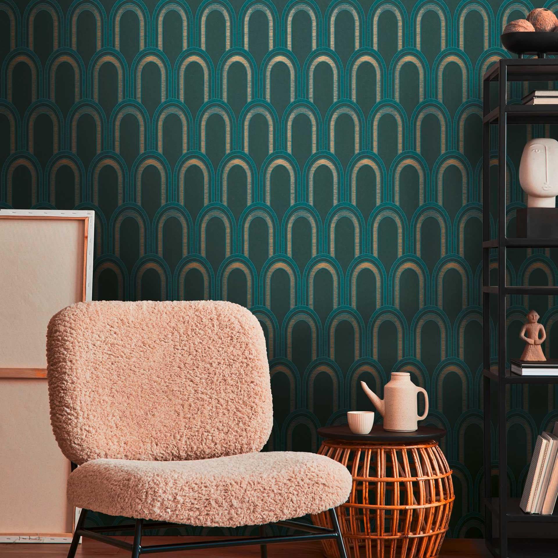 Mønstret tapet med buer art deco stil grøn blå - grafisk tapet retro look