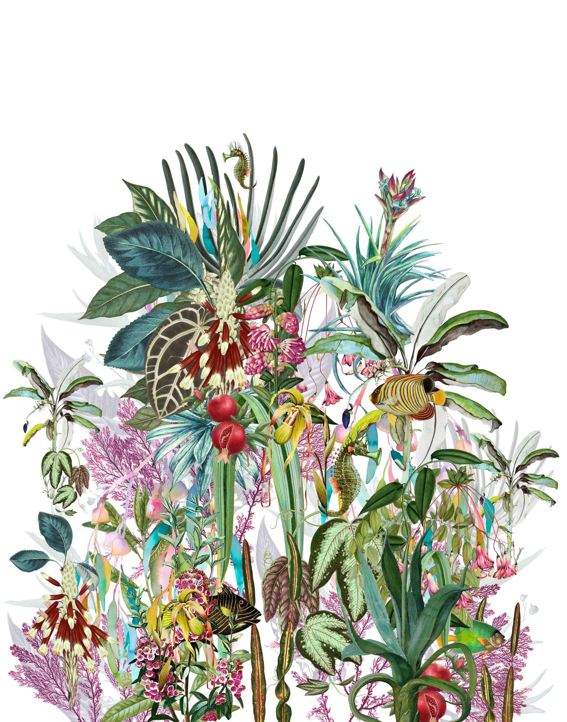 Fototapet tropiske planter collage i akvarel look på lys 2,7 x 2,12 m