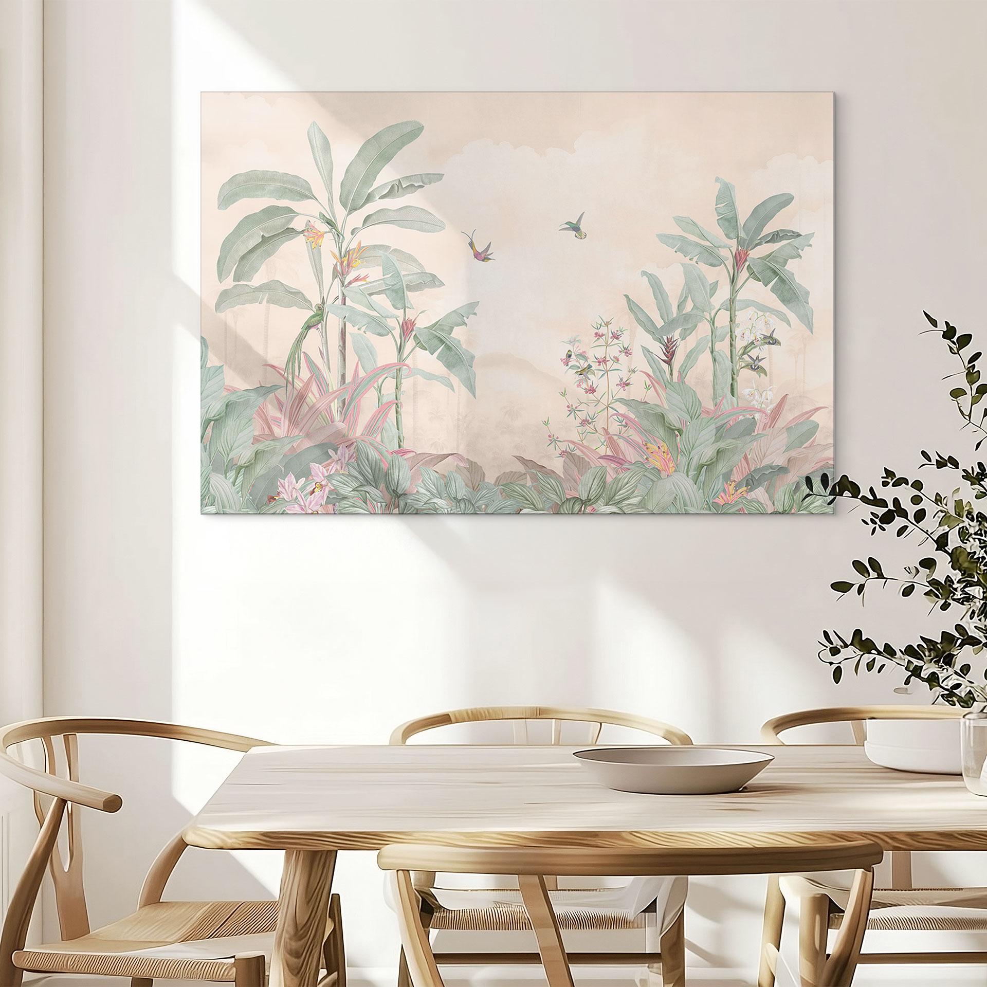 Tropisk idyl med kolibri abrikos - Bloomery Decor – print på aluminium (Alu-Dibond)