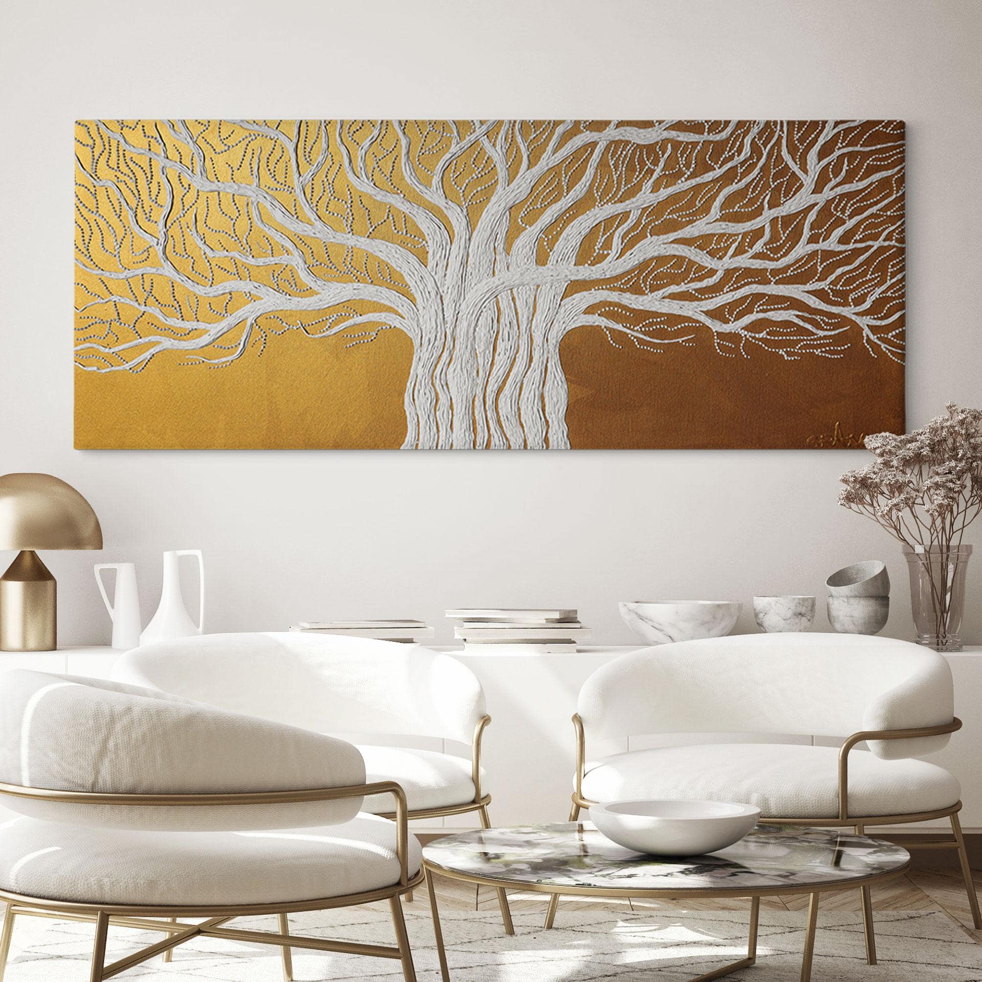 Canvasbillede Hvidt livstræ abstrakt - Grande - Panorama