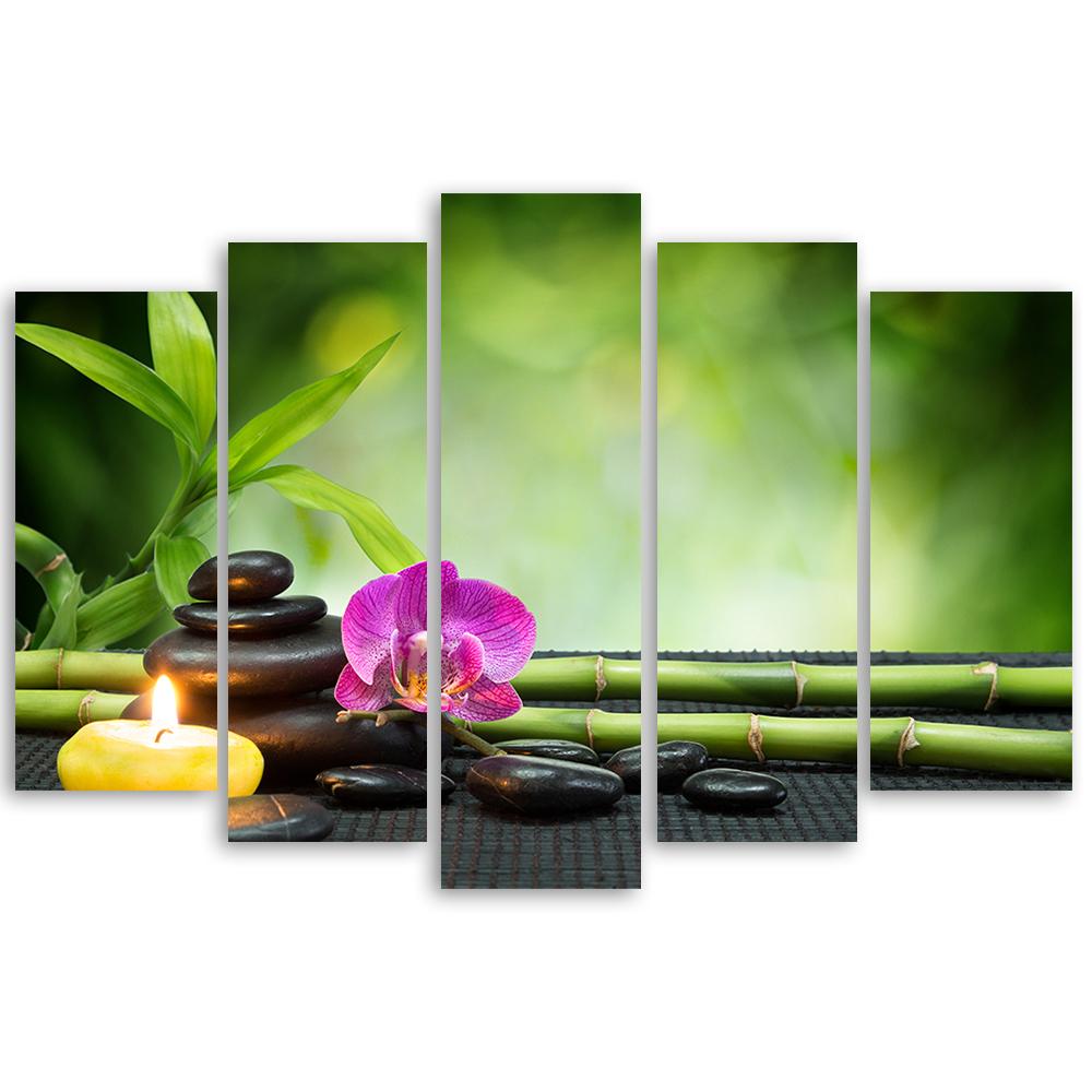 Leinwandbild 5 teilig, Orchideen-Bambus-Steine
