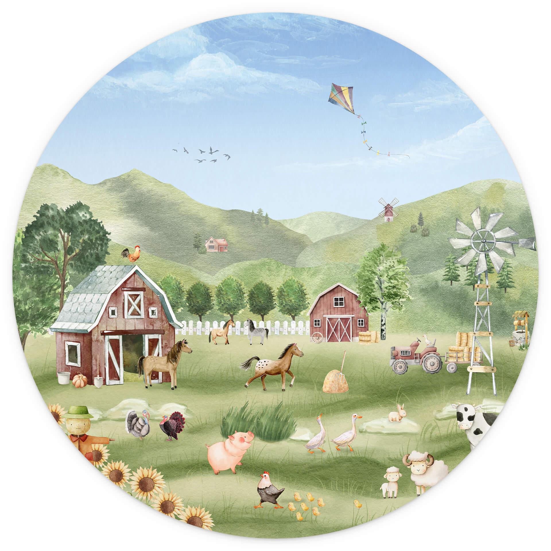 Behangcirkel Oliver Robins - Kleurrijke boerderij met dieren - vliesbehang/zelfklevend vliesbehang