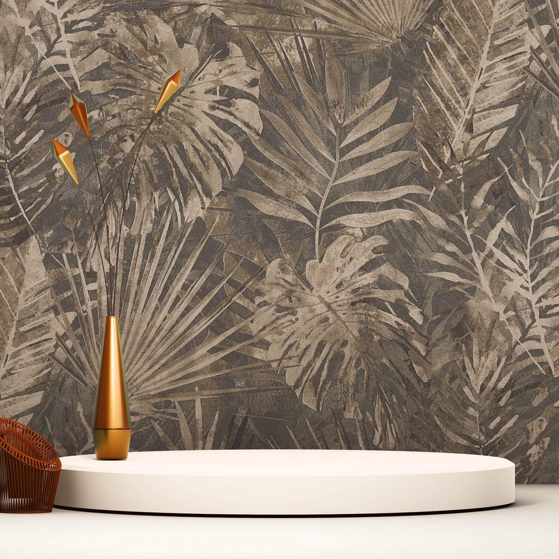 Bæredygtigt jungletapet - Palm Wallpaper af A.S. Création Mørkegrå Beige 386383