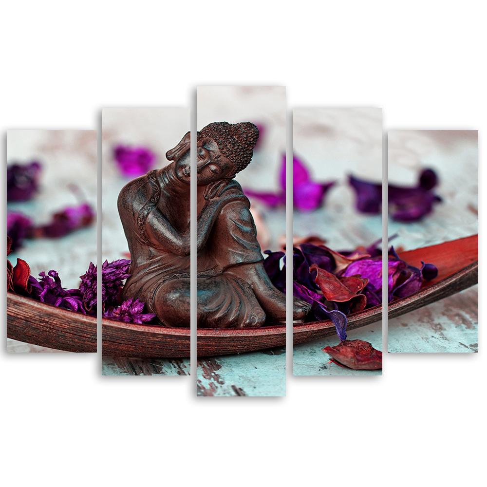5-delige canvas print, Boeddha bloemen zen paars