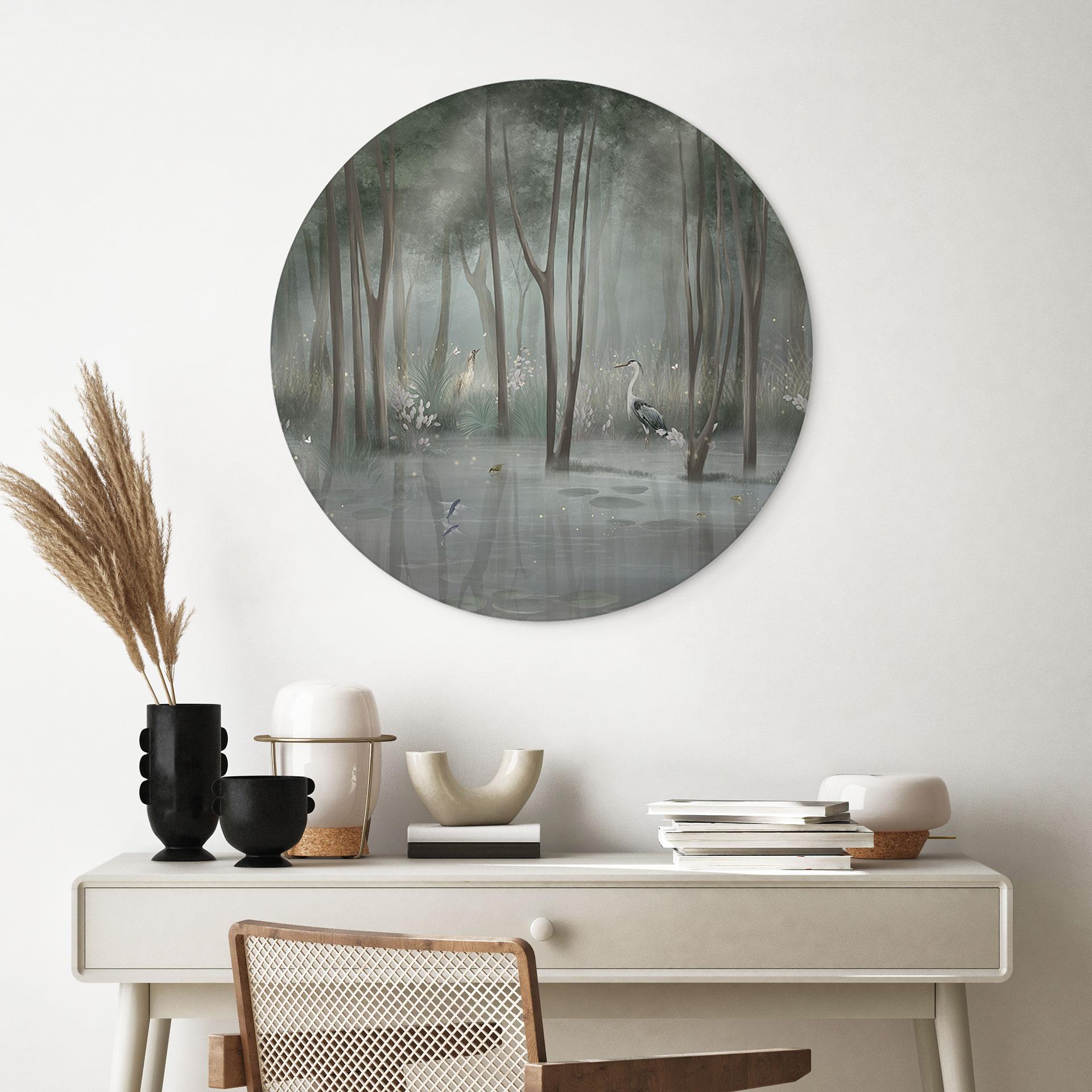 Wandbild Nebelwald am See mit Reiher in Grün - Ms Tiff - Alu-Dibond Rund
