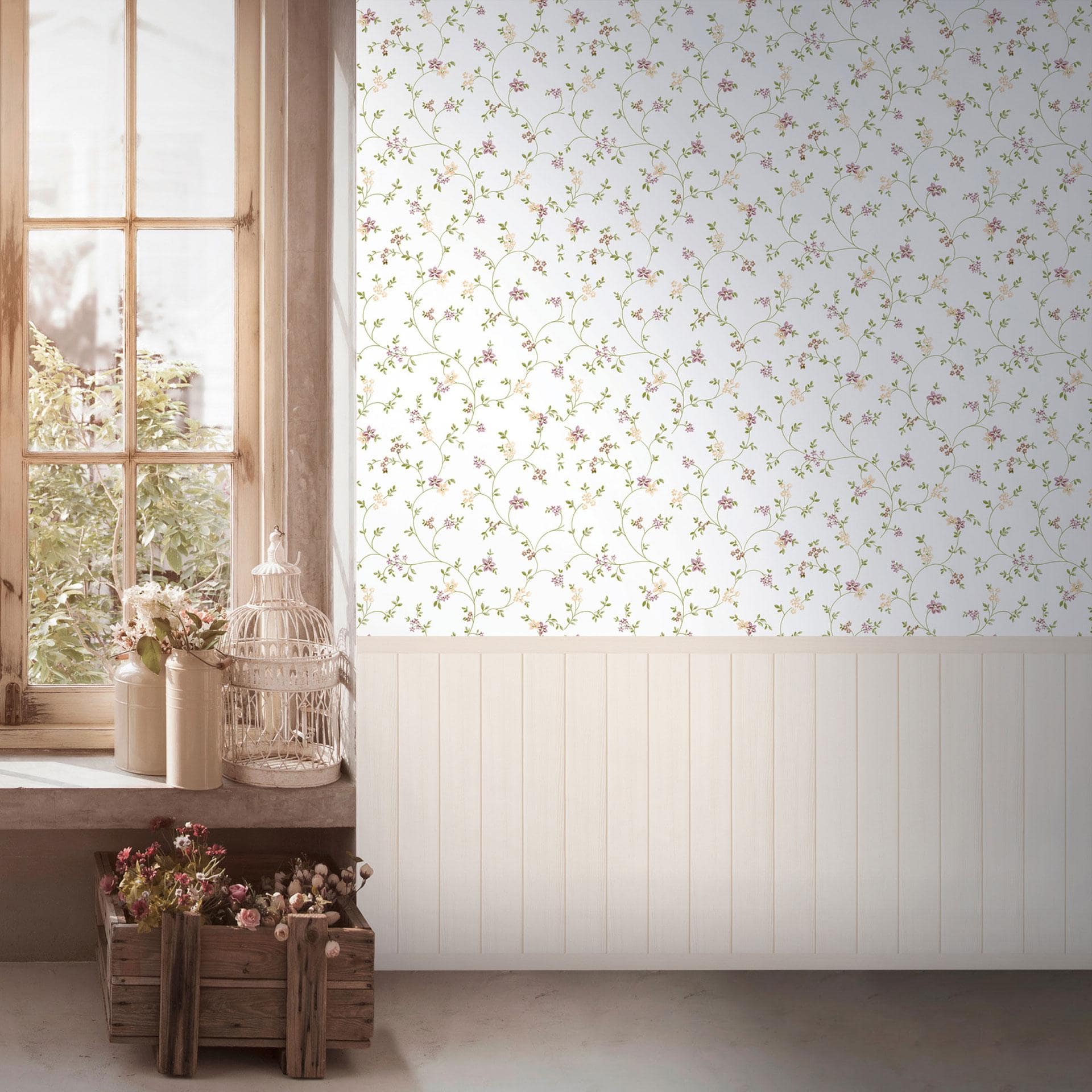Fototapet med træpanel rosa grøn beige - landhusstil, der kan udvides