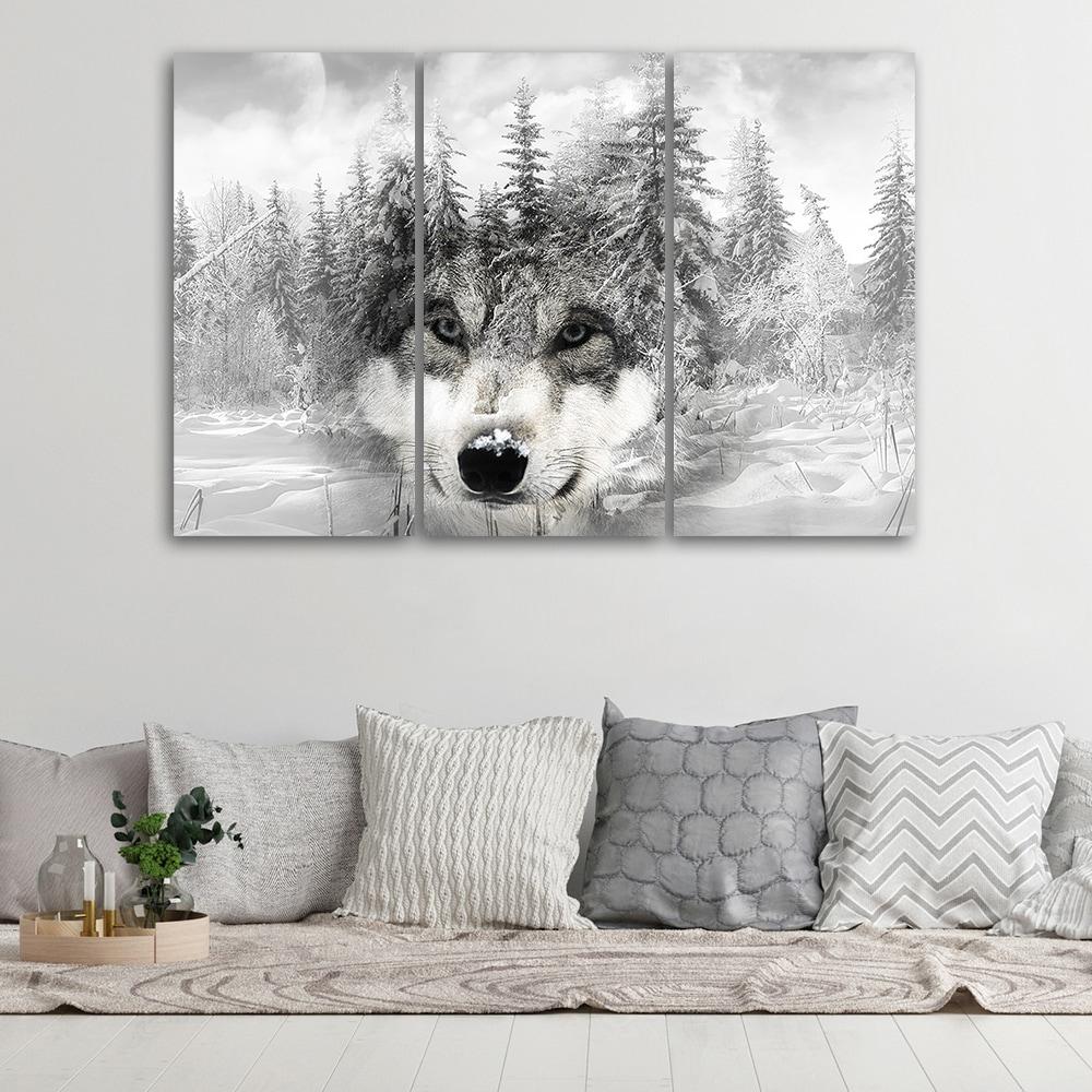 3 stykke lærredsprint, Wolf Forest Nature Grey