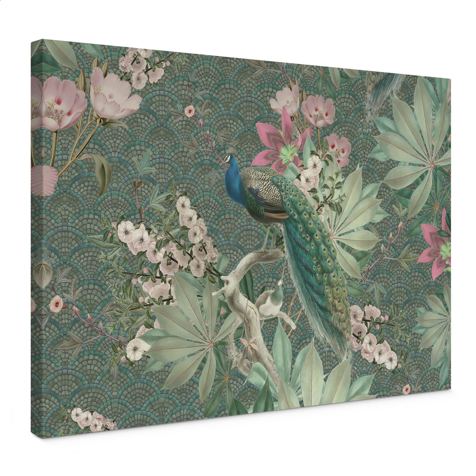 Canvasbillede påfugl i tropisk have på mosaik - Bloomery Decor