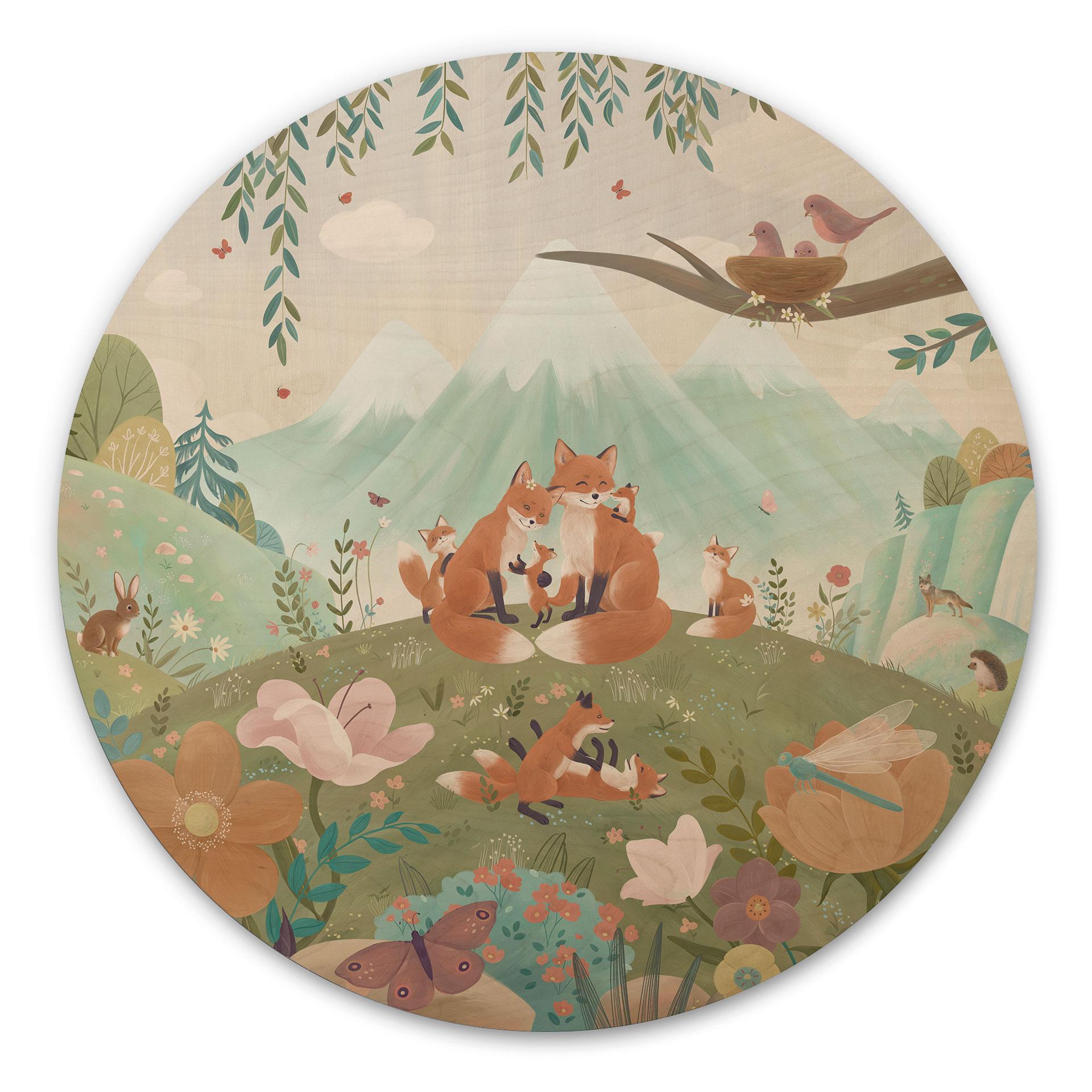 Houten Wanddecoratie Vossenfamilie op de Bloemenweide - Oliver Robins - Rond