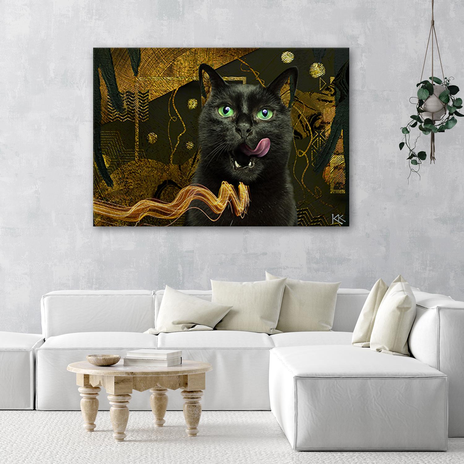 Canvasbillede, Sort kat guld abstrakt