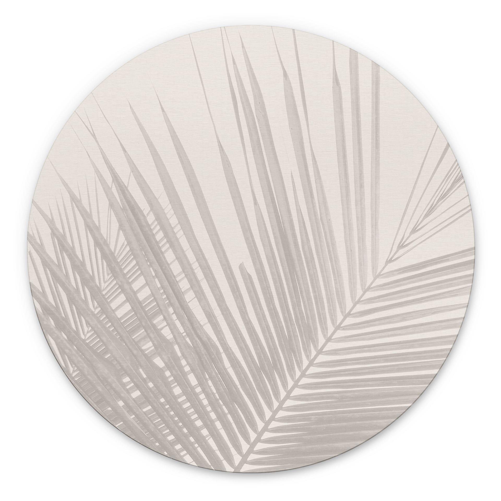 Billede af palmeblade i hørlook - Bloomery Decor - rund – print på aluminium (Alu-Dibond)