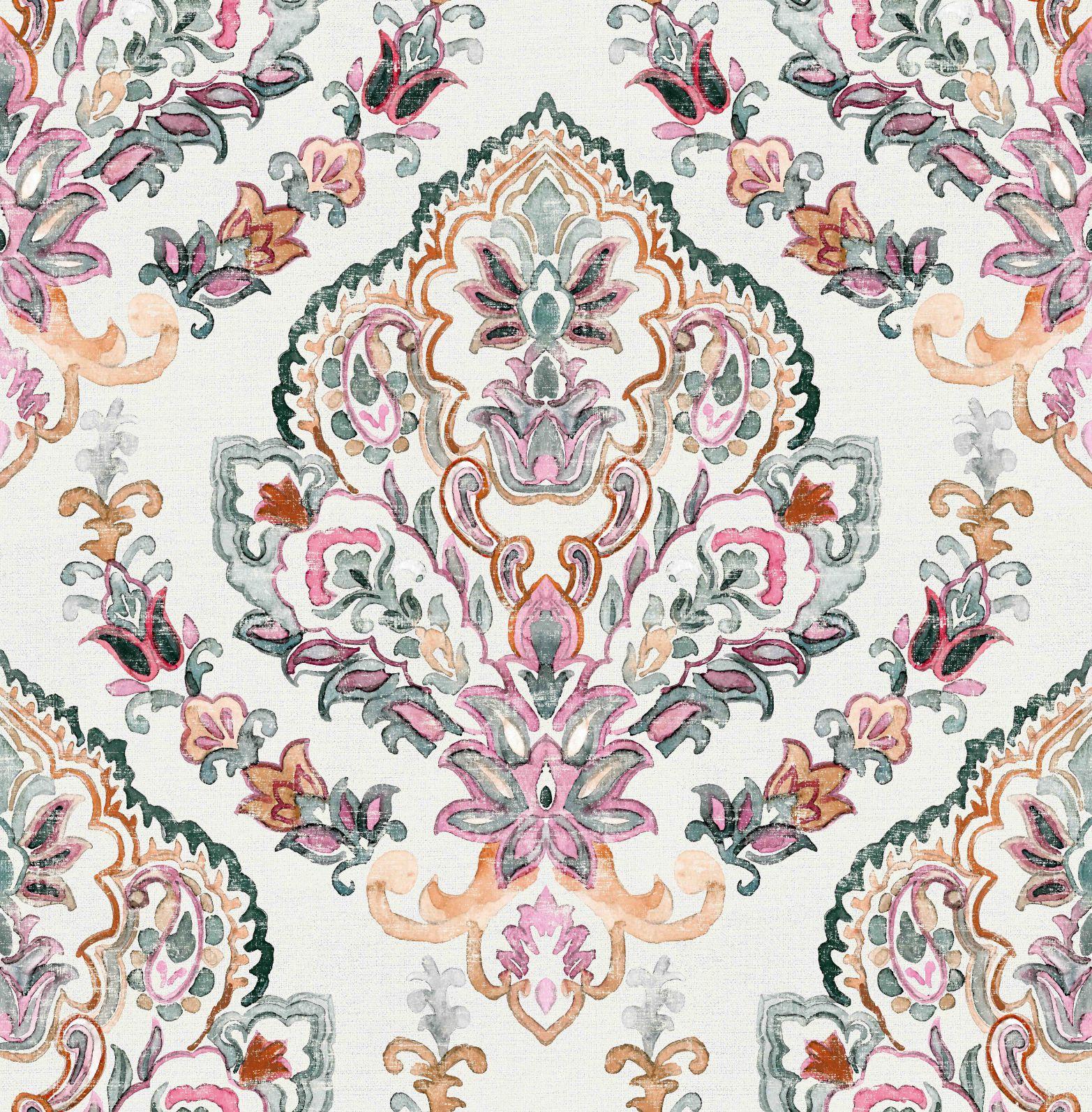 Fototapet med motiv akvarel ornamental blomstermedaljon i rosé 2,7 x 2,65 m