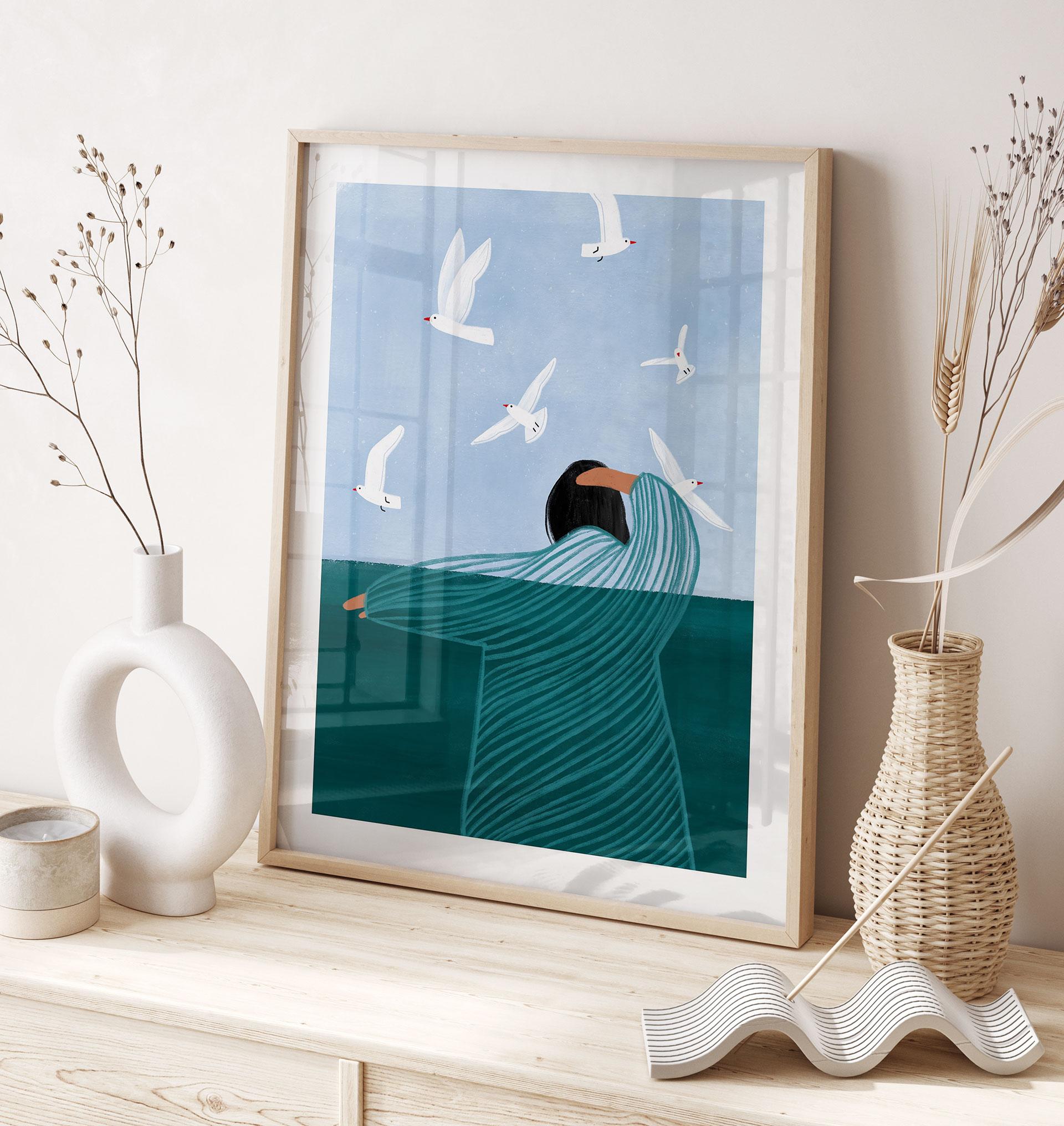 Plakat kvinde med måger ved havet - Müller