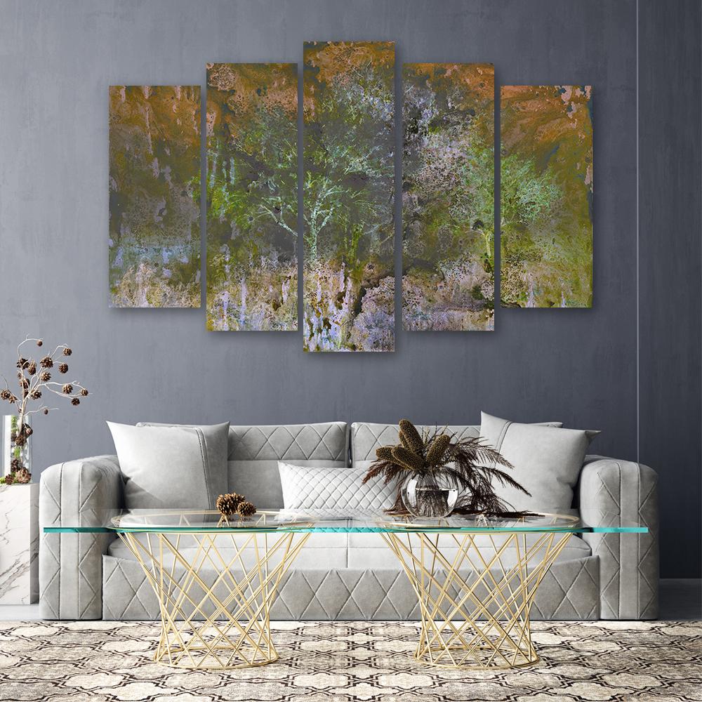 5 stykke lærredstryk, et blomstrende træ i rustengen