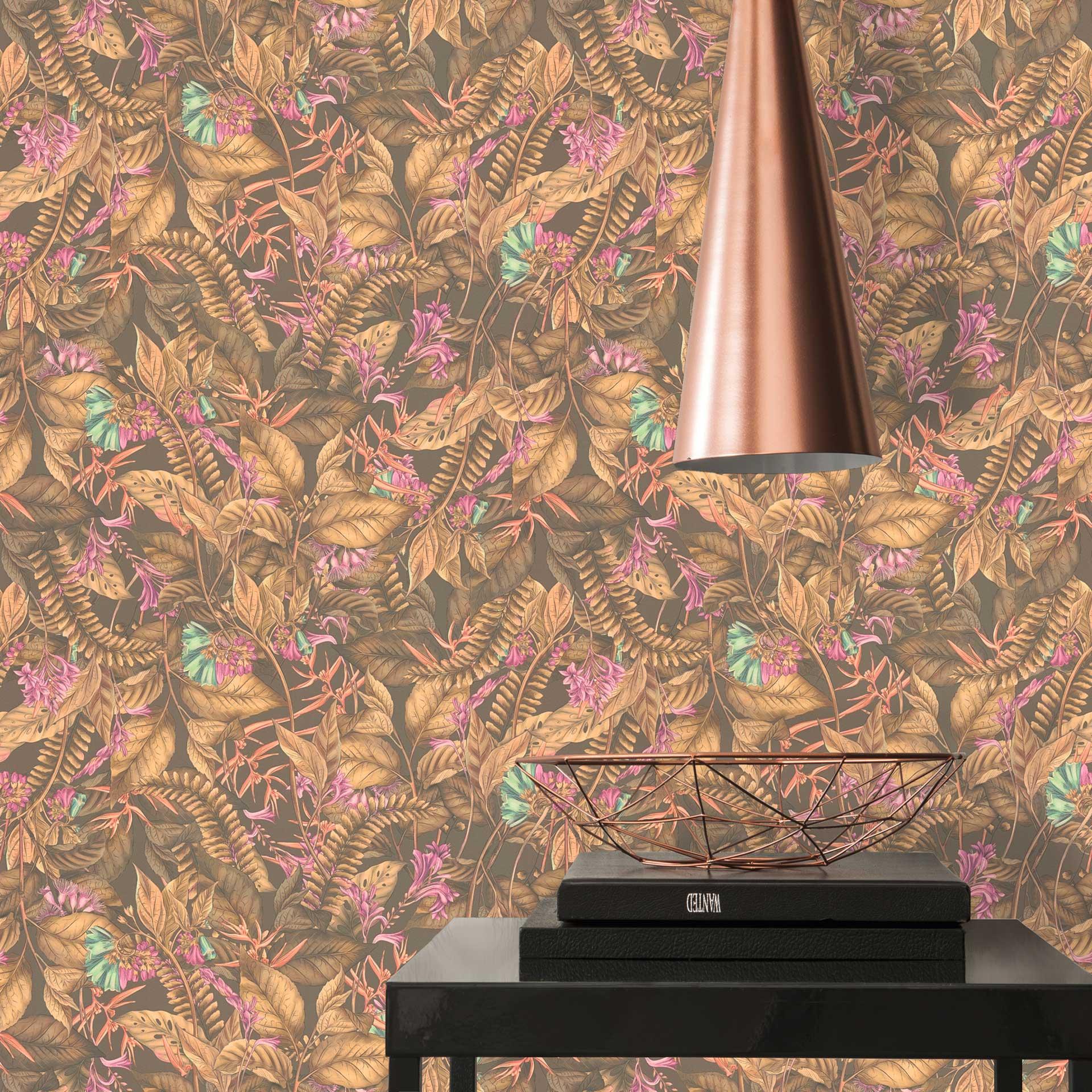 tapet med junglemotiv brun beige - non-woven tapet med blomster i blå lilla