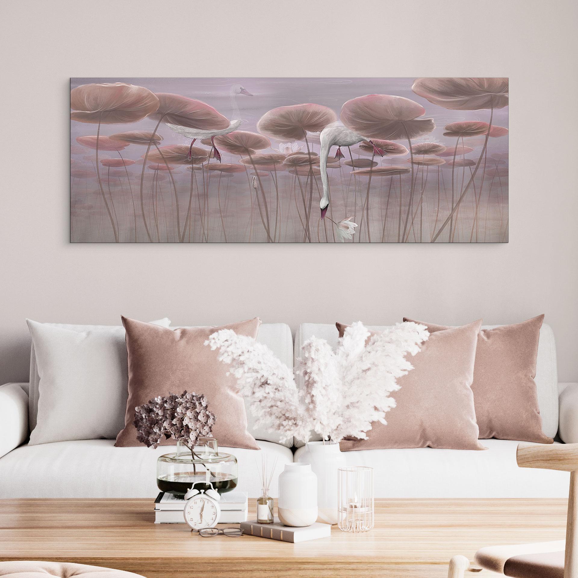 Wandbild Lotusblumen mit Schwan im Wasser in Altrosa - Ms Tiff - Alu-Dibond Panorama