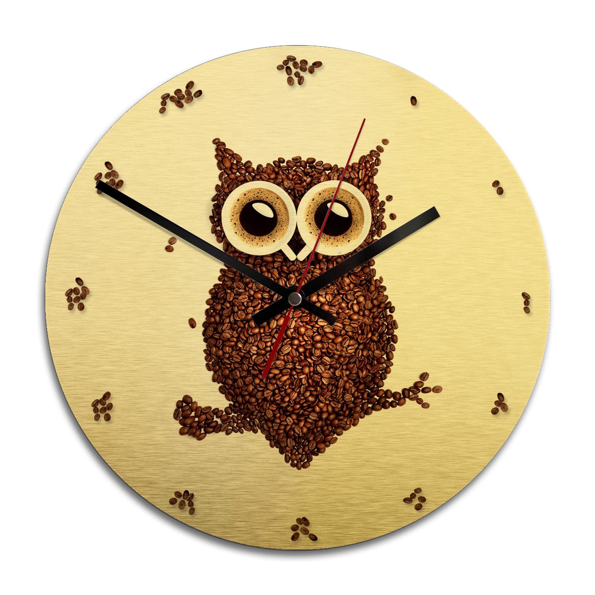 Wanduhr Alu-Dibond-Goldeffekt - Kaffeeeule - Ø 28 cm