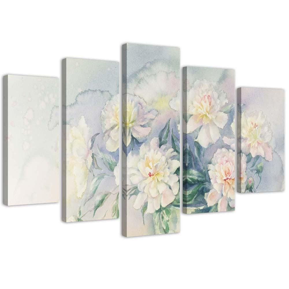 5 stykke lærredsprint, buket blomster hvid