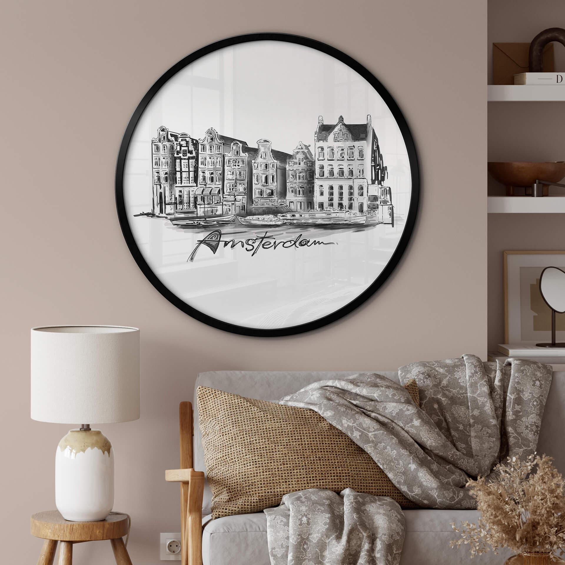 Poster Love your City - Amsterdam - Schwarz-Weiß - Rund