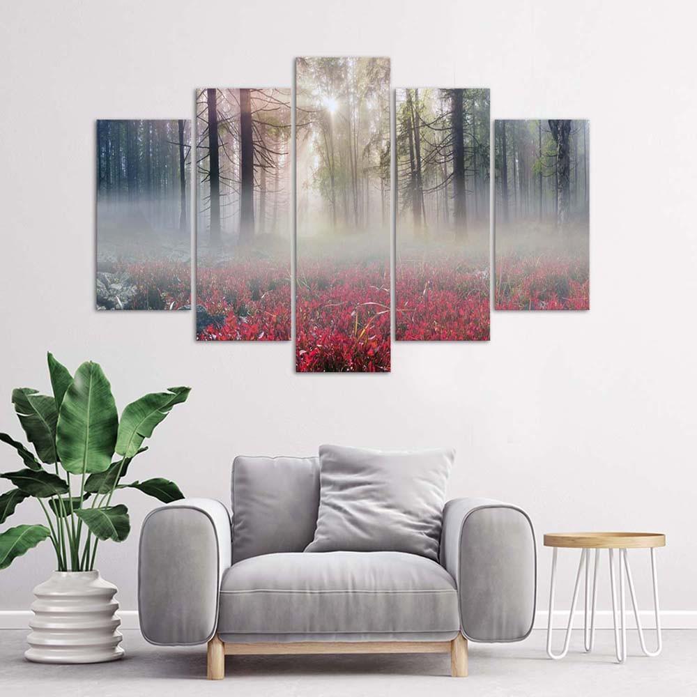 5 stykke lærred Print Fog Forest Glade Flowers