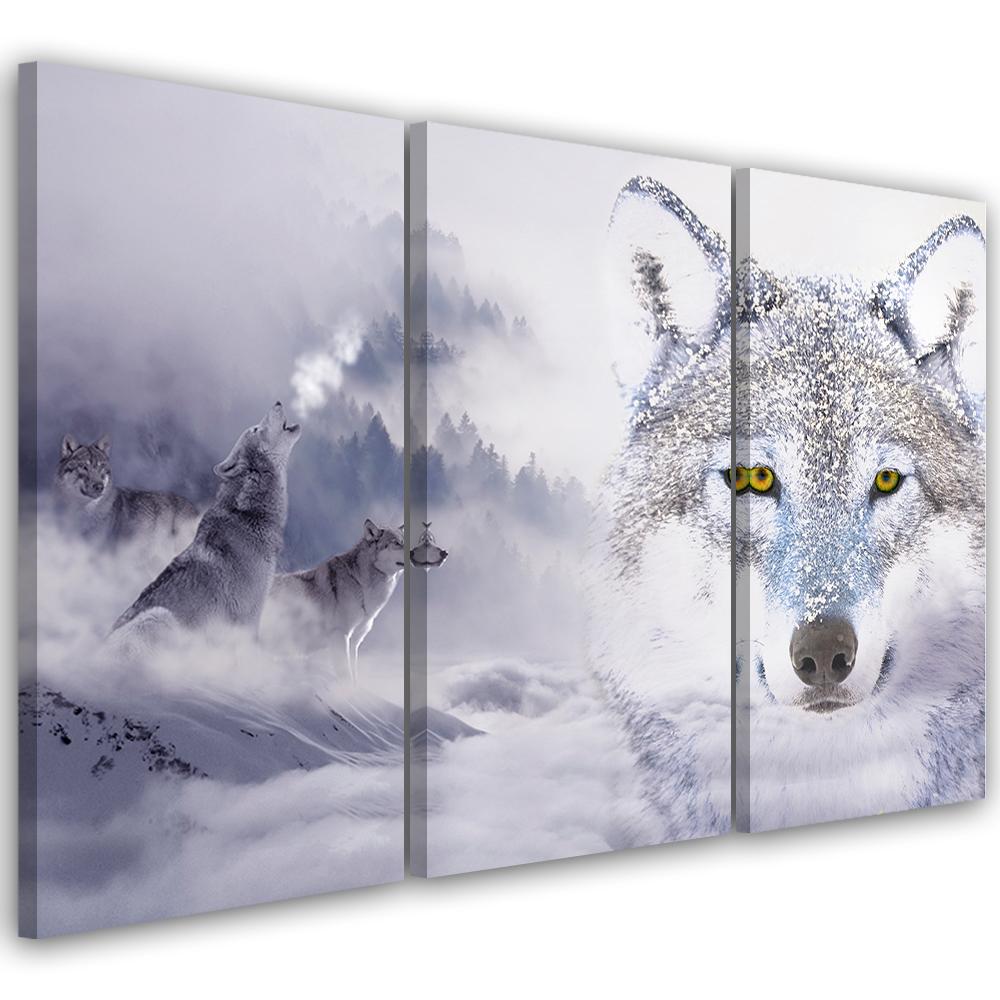 3 stykke lærredsprint, Wolf Forest Fog Nature Grey
